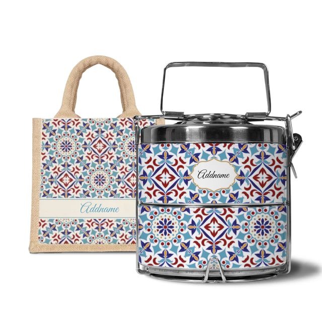 Moroccan Series - Arabesque Agean Blue - Lunch Tote Bag with Two-Tier Tiffin Carrier
