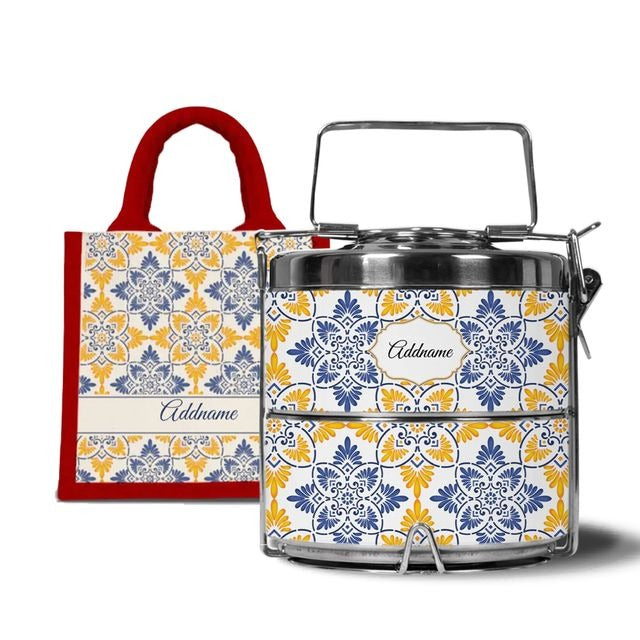 Moroccan Series - Arabesque Butter Blue  - Lunch Tote Bag with Two-Tier Tiffin Carrier