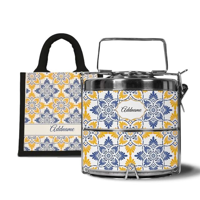 Moroccan Series - Arabesque Butter Blue  - Lunch Tote Bag with Two-Tier Tiffin Carrier