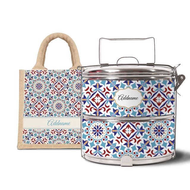Moroccan Series - Arabesque Agean Blue - Lunch Tote Bag with Two-Tier Tiffin Carrier