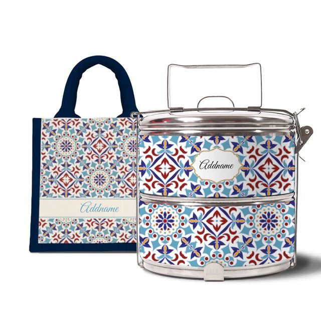Moroccan Series - Arabesque Agean Blue - Lunch Tote Bag with Two-Tier Tiffin Carrier