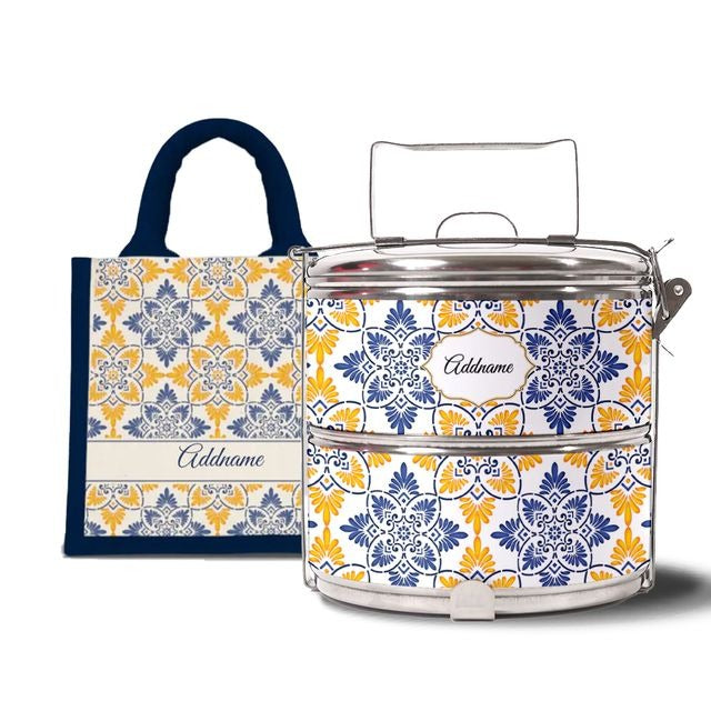 Moroccan Series - Arabesque Butter Blue  - Lunch Tote Bag with Two-Tier Tiffin Carrier