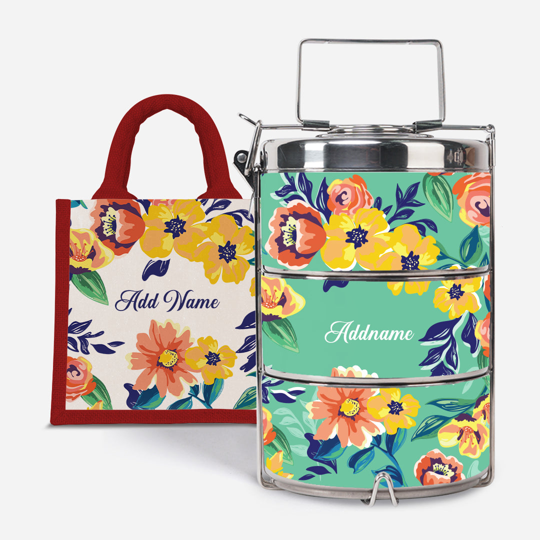 Deborah Series - Teal - Lunch Tote Bag with Three-Tier Tiffin Carrier