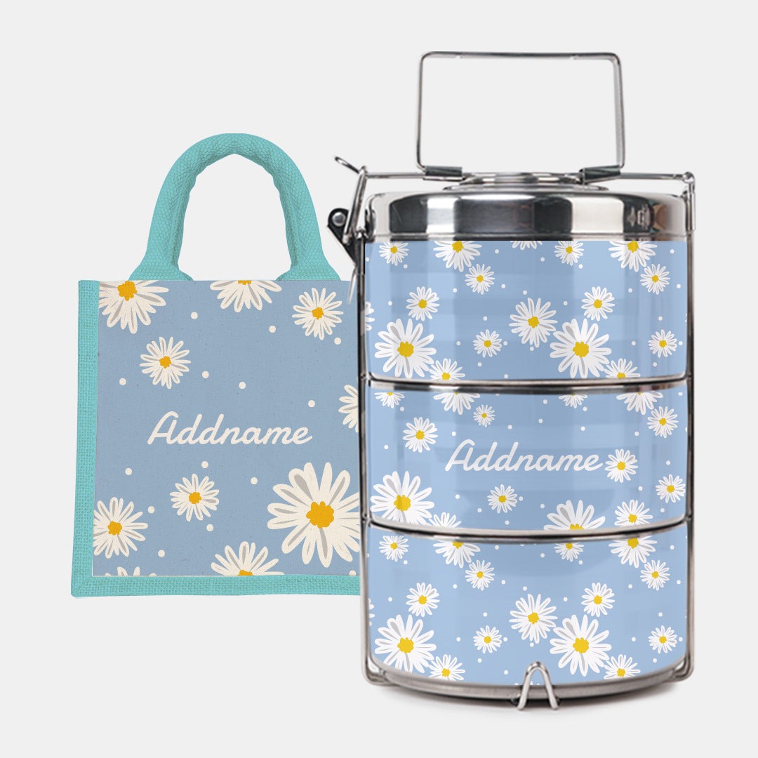 Daisy Series - Frost - Lunch Tote Bag with Three-Tier Tiffin Carrier