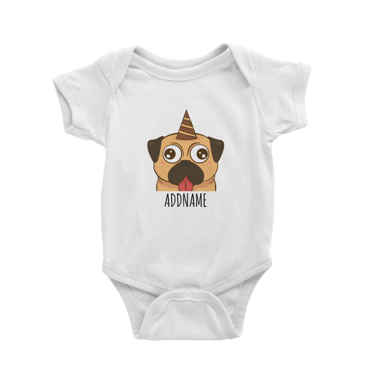 Cartoon Birthday Hat Dog Pug White White Baby Romper