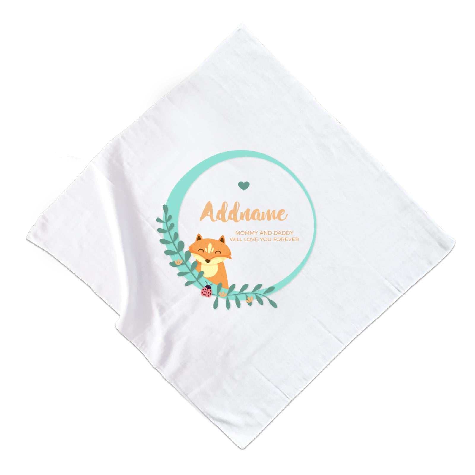 Cute Brown Fox in Turqoise Ring Personalizable with Name and Text Muslin Square