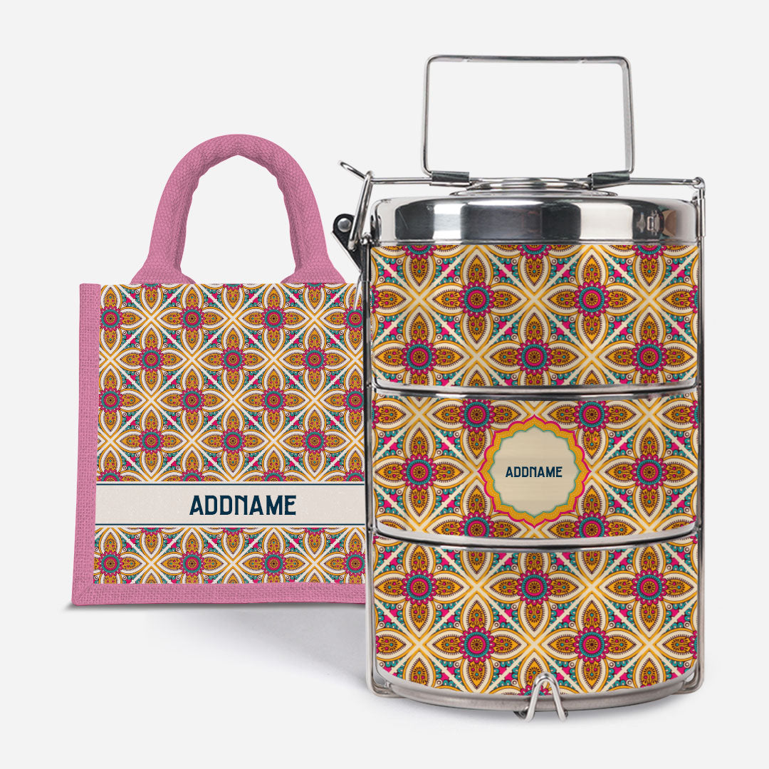 Pookal Series Premium Tiffin with Half Lining Lunch Bag - Vibrant Tiles Light Pink