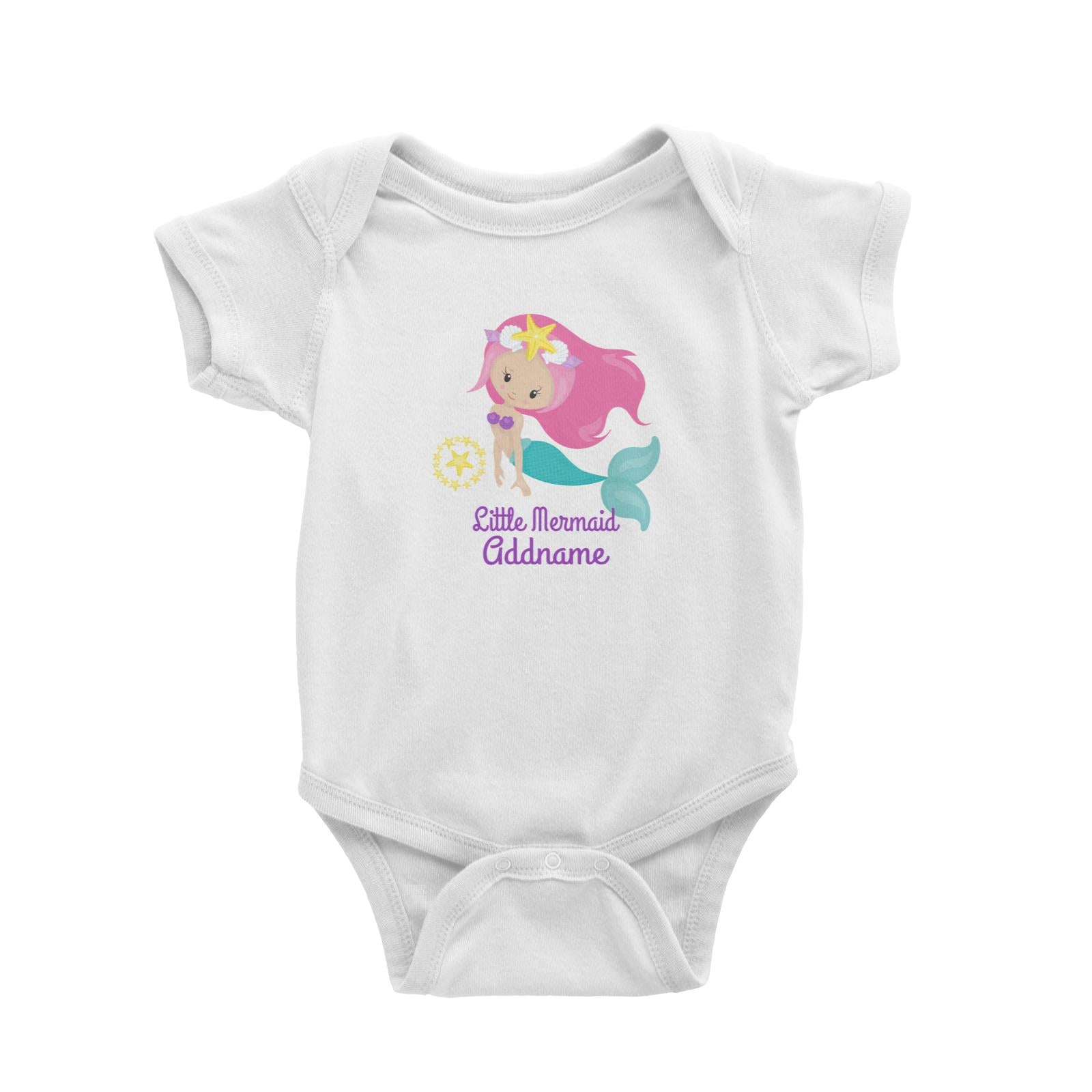 Little Mermaid Swimming with Starfish Emblem Addname White Baby Romper