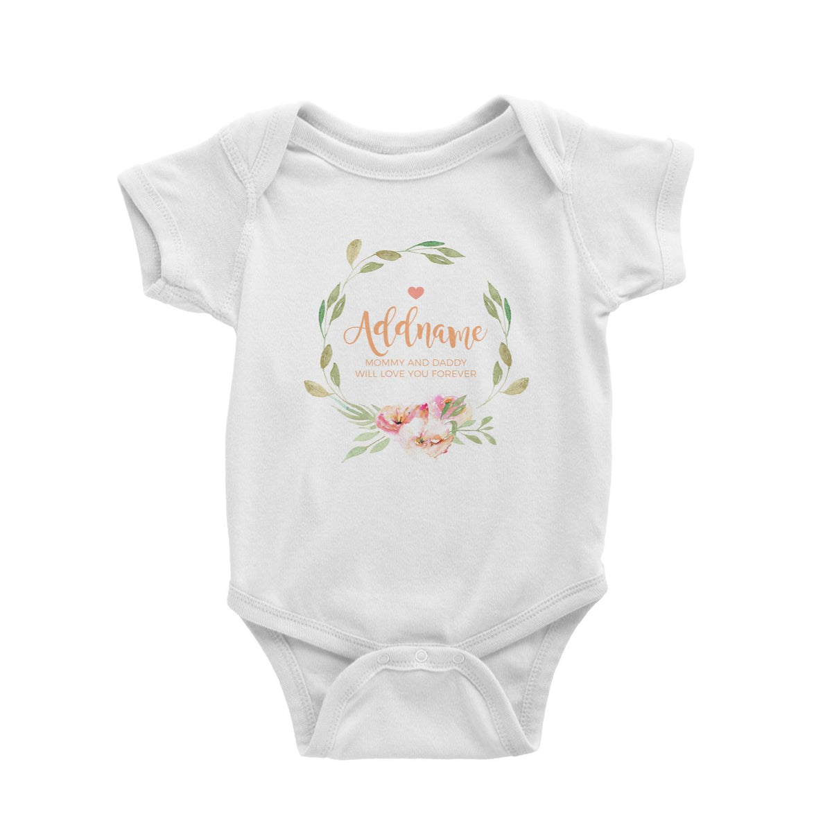 Watercolour Sweet Pink Flowers Wreath Personalizable with Name and Text Baby Romper