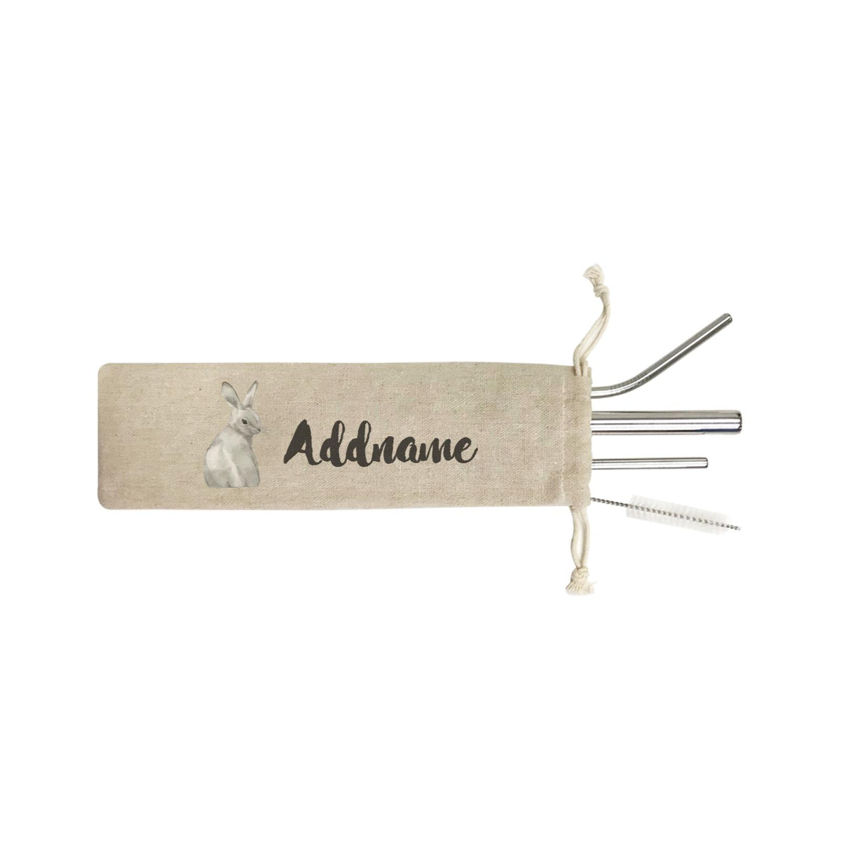 Watercolour Animal Sweet Grey Rabbit Addname SB 4-in-1 Stainless Steel Straw Set In a Satchel