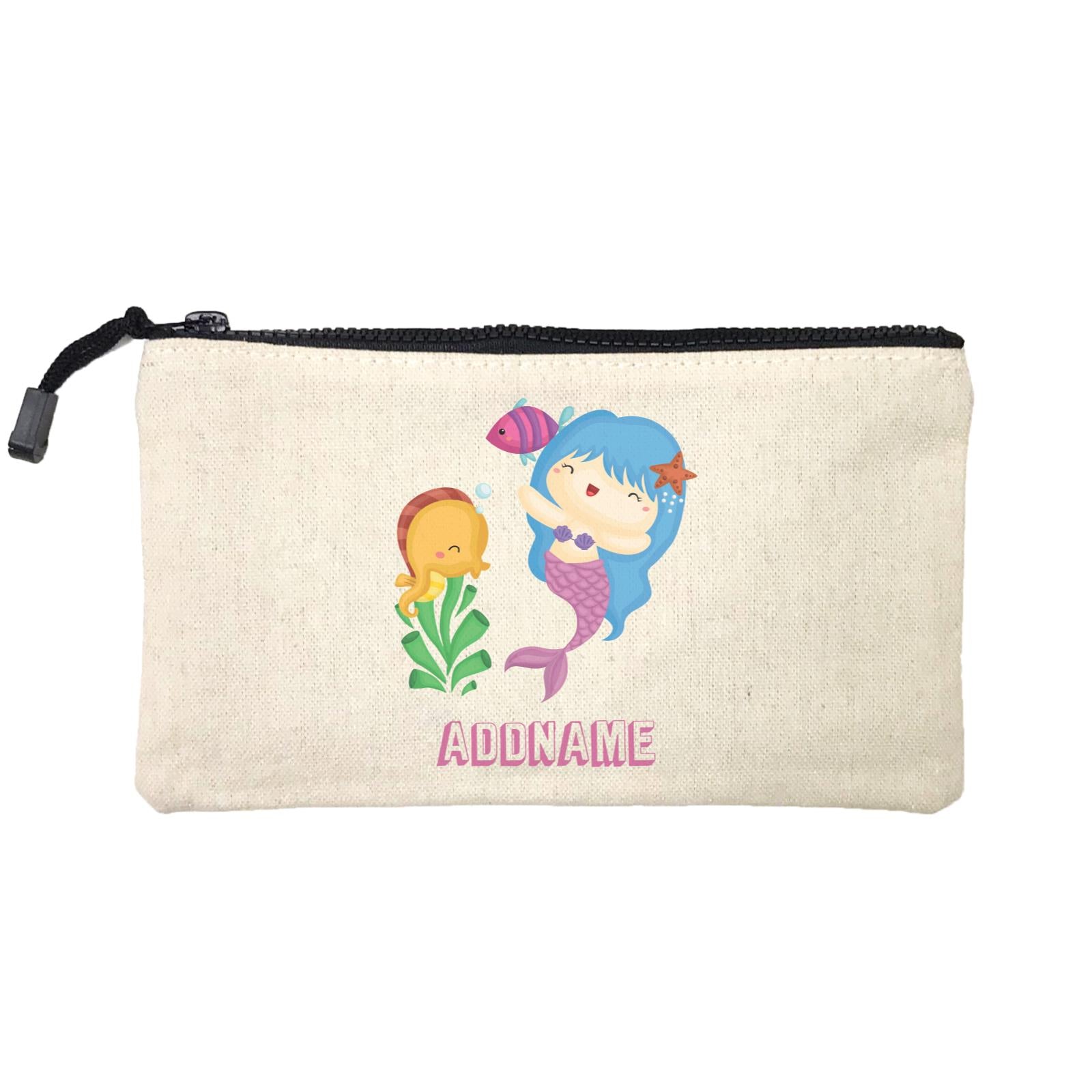 Birthday Mermaid Blue Hair Mermaid Playing With Seahorse Addname Mini Accessories Stationery Pouch
