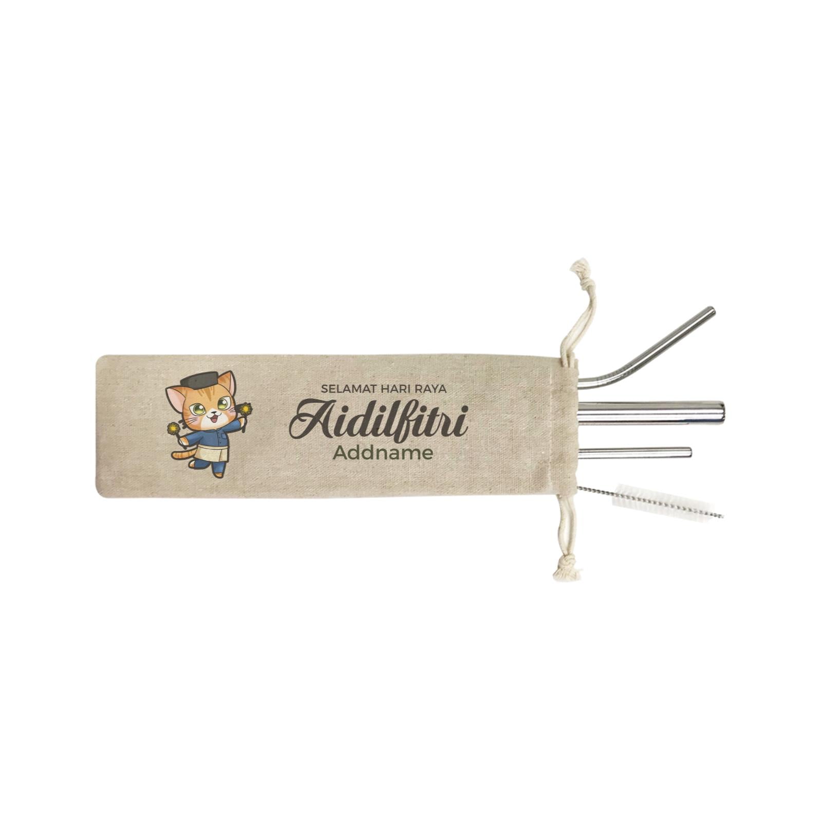 Raya Cute Animals Papa Cat Wishes Selamat Hari Raya Aidilfitri SB 4-in-1 Stainless Steel Straw Set In a Satchel