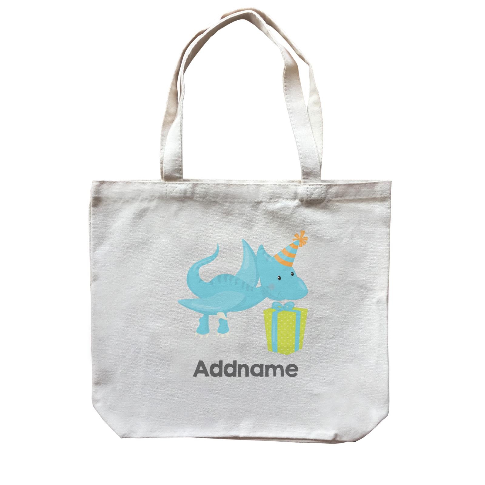 Dino Birthday Blue Pteradactyl wih Birthday Gift and Hat Addname Canvas Bag