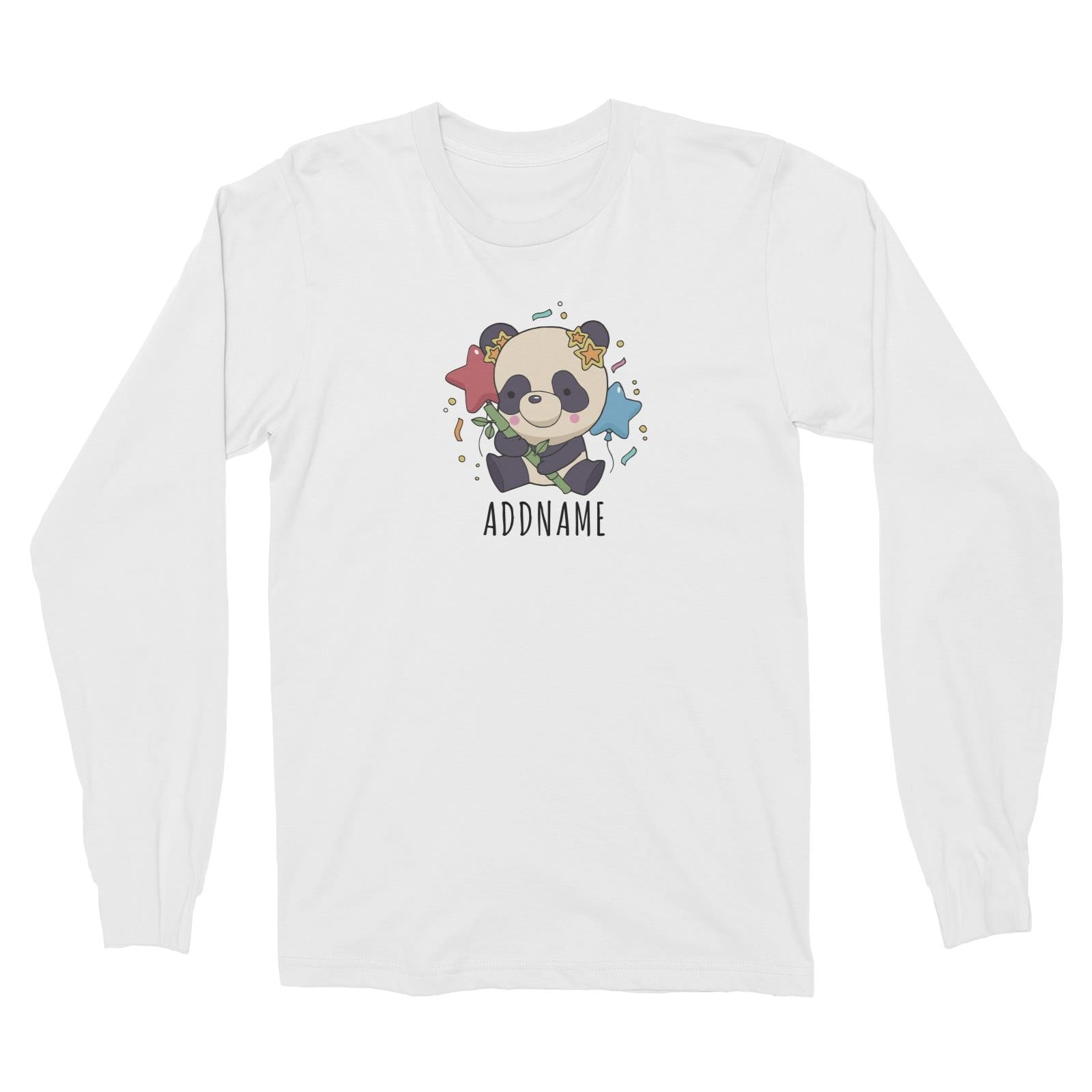 Birthday Sketch Animals Panda with Party Hat Holding Bamboo Addname Long Sleeve Unisex T-Shirt