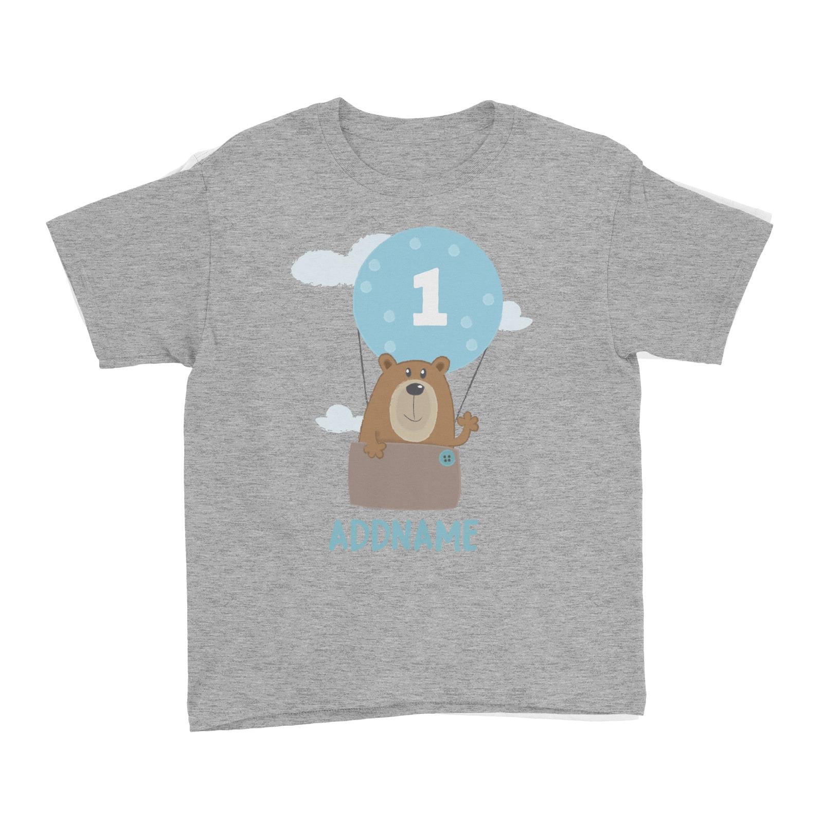 Cute Bear Boy with Hot Air Balloon Birthday Theme Personalizable with Name and Number Kid's T-Shirt