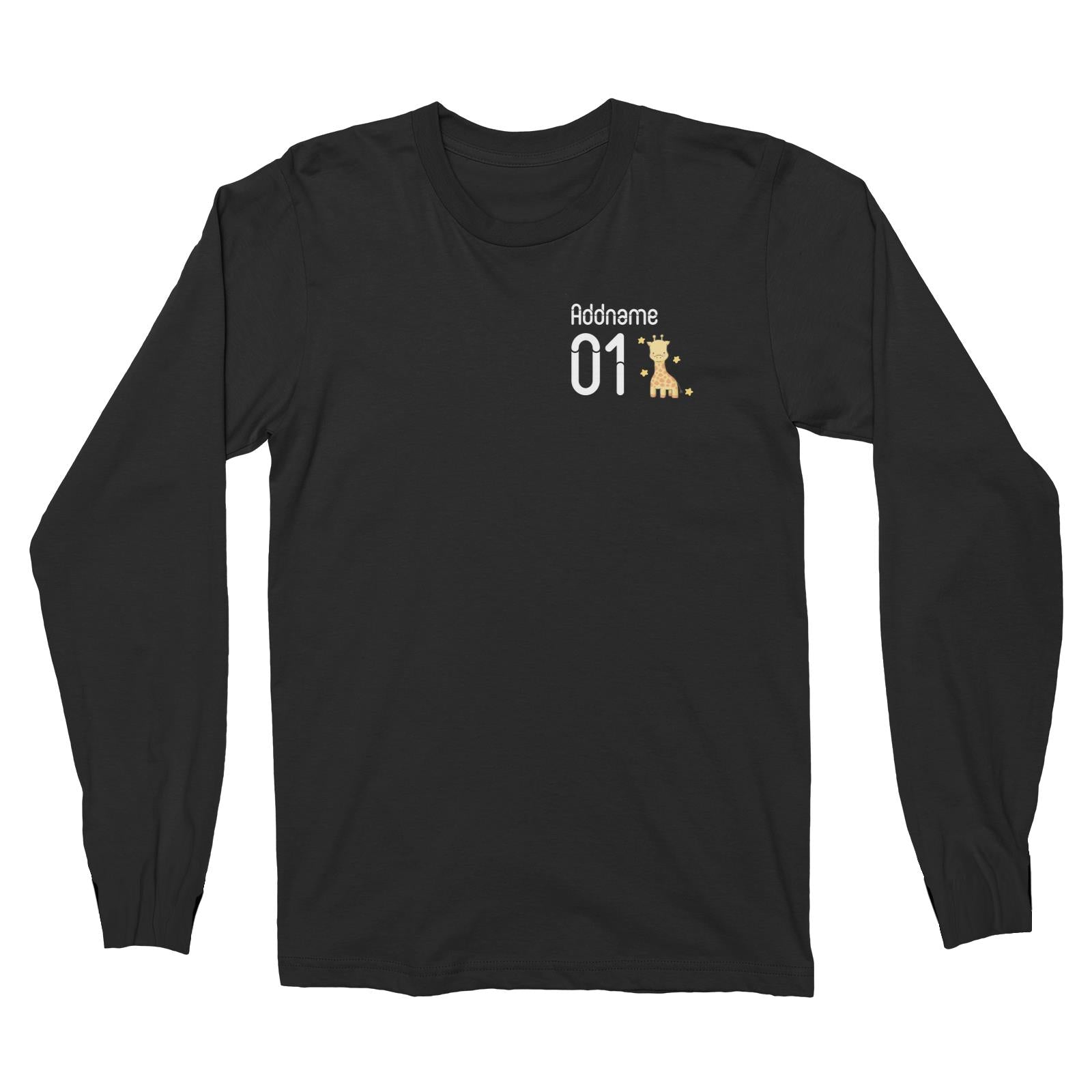 Pocket Name and Number Cute Hand Drawn Style Giraffe Long Sleeve Unisex T-Shirt