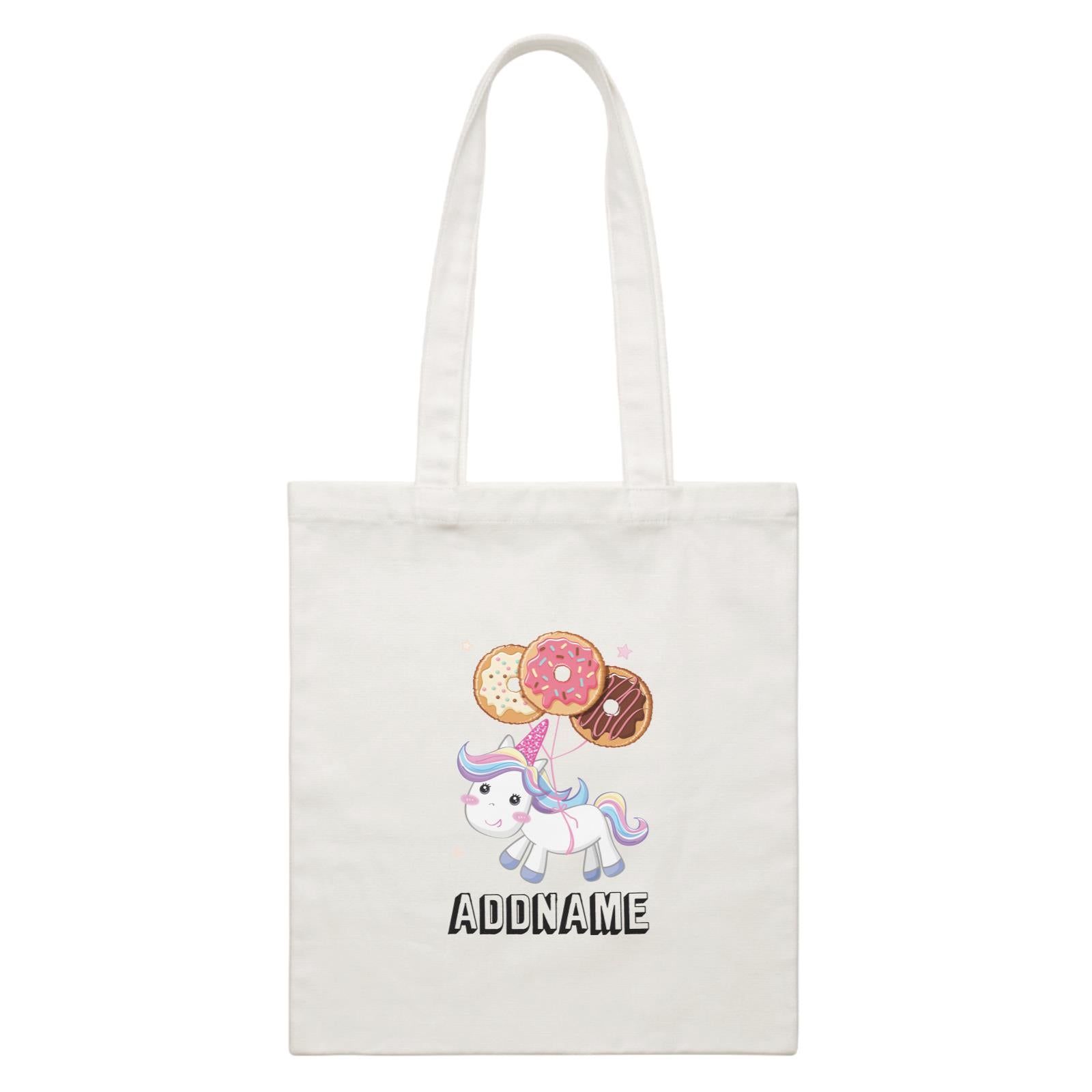 Birthday Unicorn Flying Donuts Balloon In Air Addname White Canvas Bag