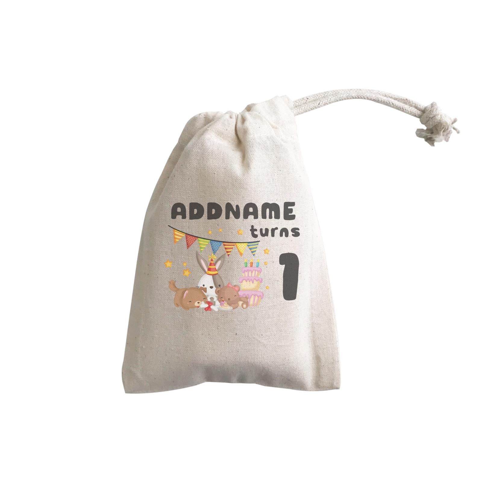 Birthday Friendly Animals Rabbit Bear And Dog Party Eating Cake Addname Turns 1 GP Gift Pouch