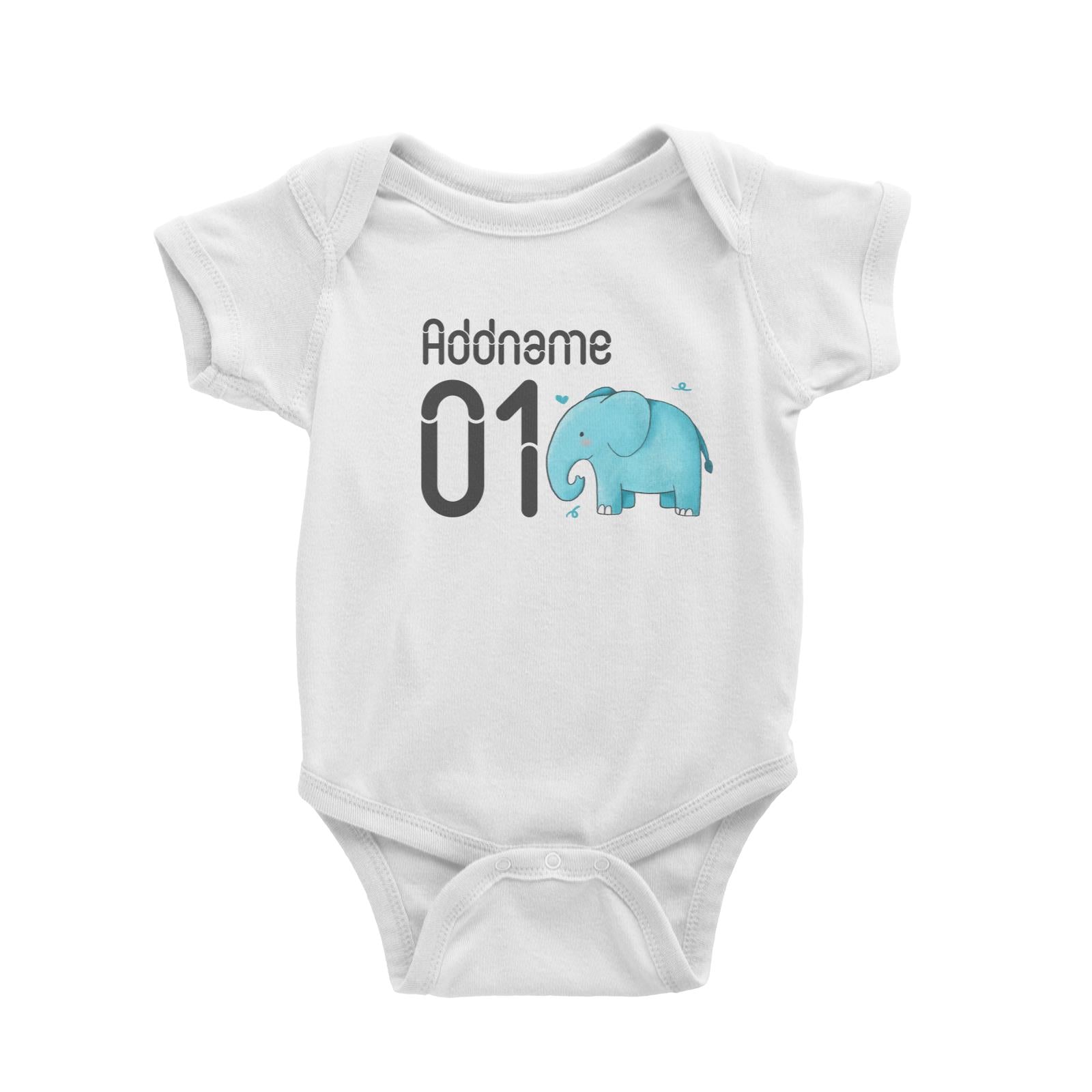 Name and Number Cute Hand Drawn Style Elephant Baby Romper (FLASH DEAL)