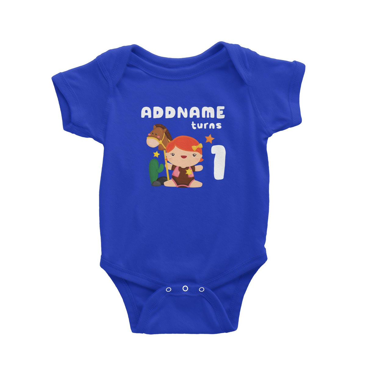 Birthday Cowboy Style Little Cowgirl Holding Toy Horse Addname Turns 1 Baby Romper