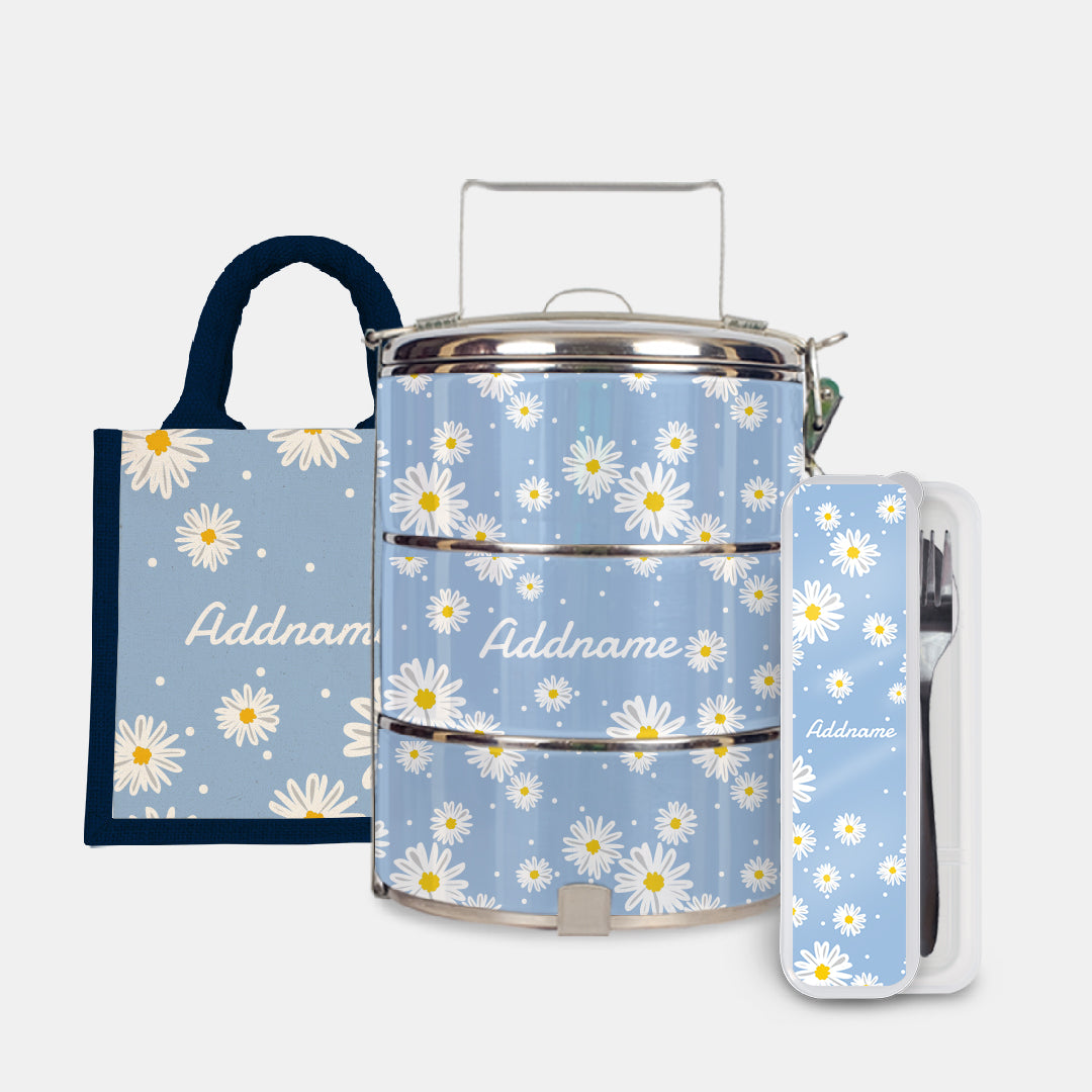 Daisy Series Half Lining Lunch Bag, Standard Tiffin Carrier And Cutlery Set - Frost Navy