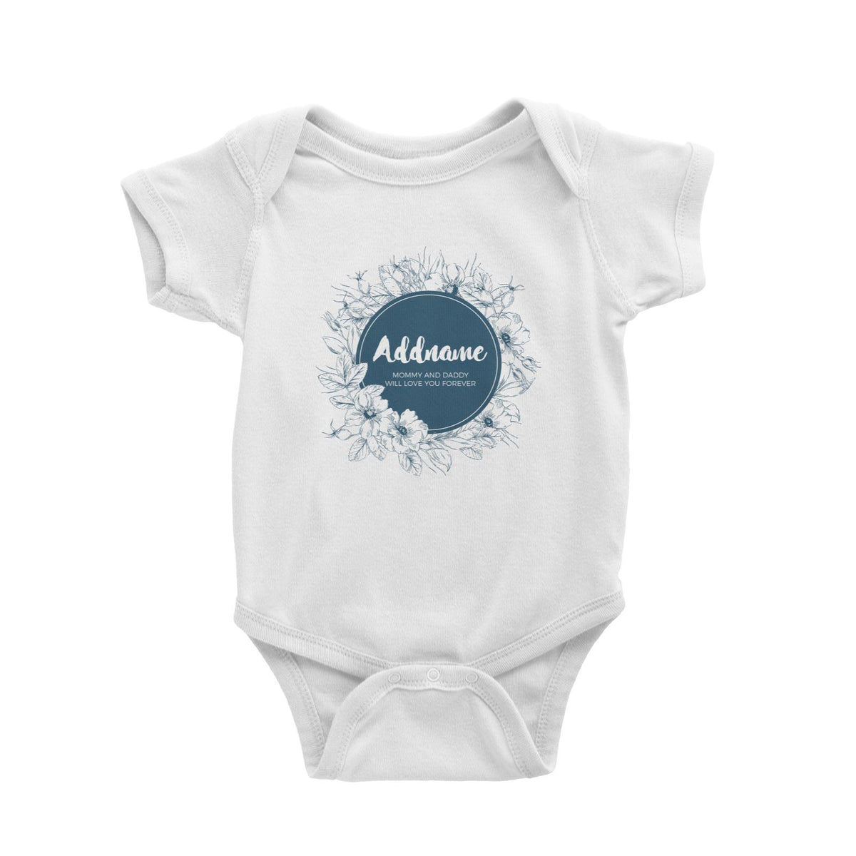 Navy Blue Flower Wreath Personalizable with Name and Text Baby Romper