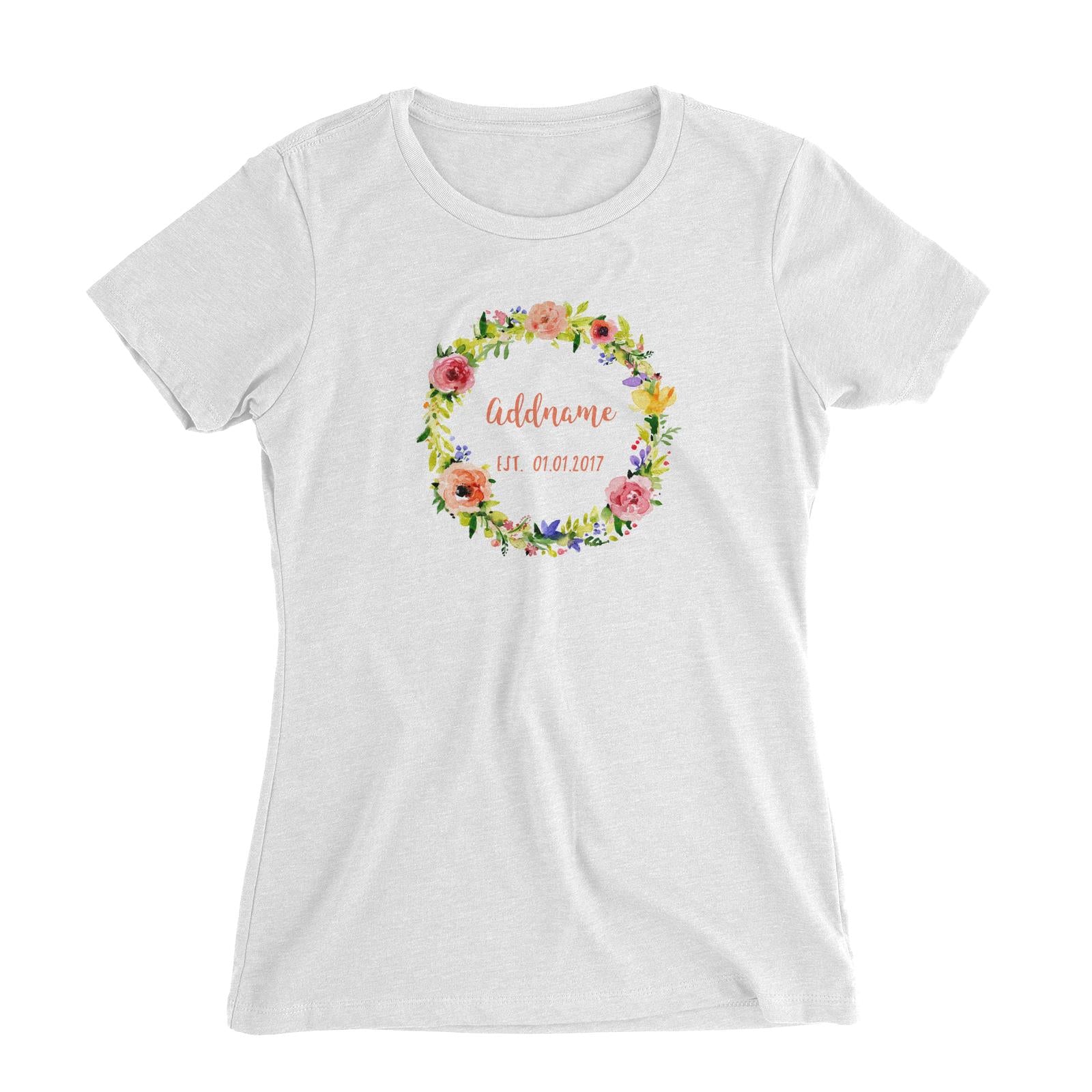 Add Name and Add Date in Spring Flower Wreath Women's Slim Fit T-Shirt