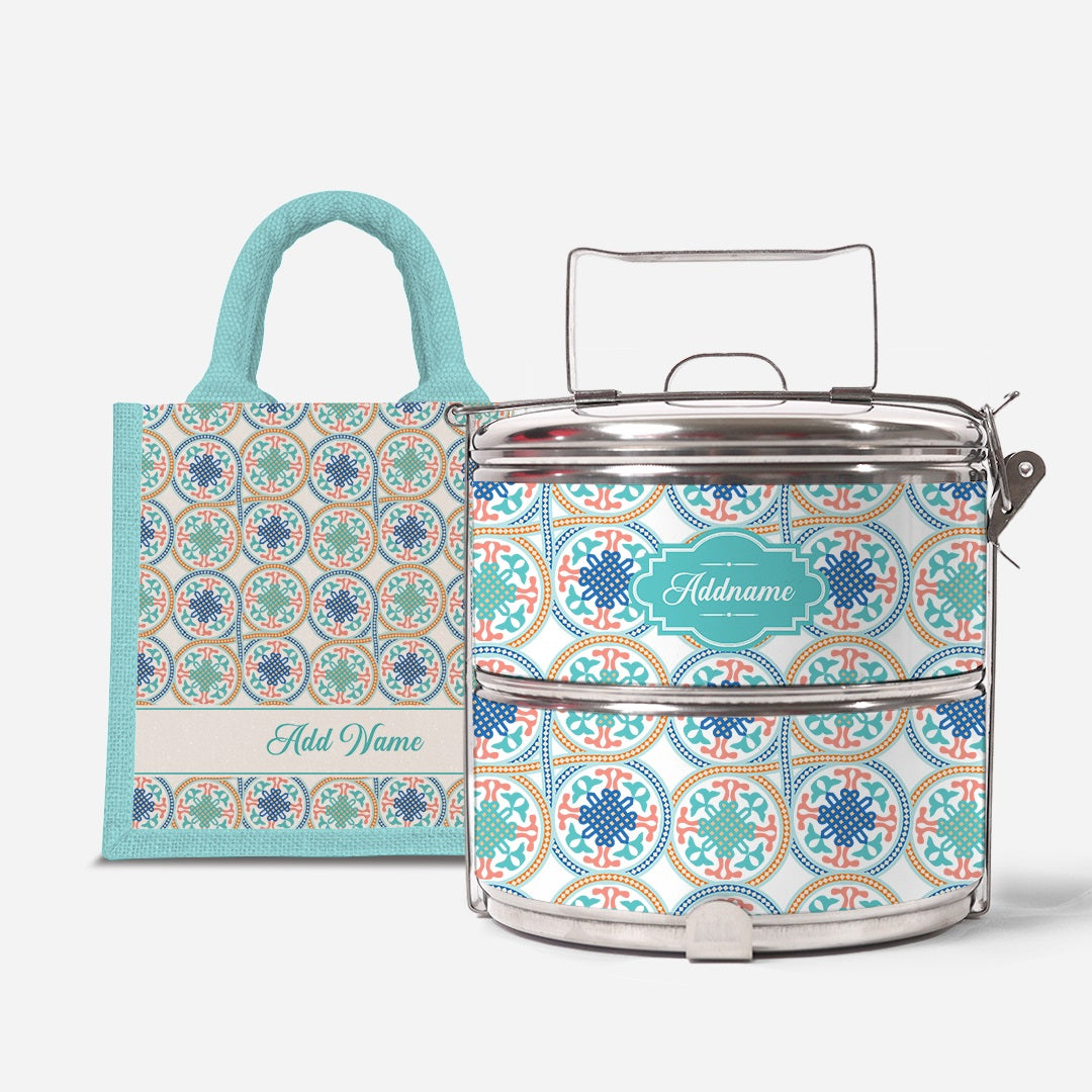 Moroccan Series Standard Two Tier Tiffin With Half Lining Lunch Bag  - Chahid Light Blue