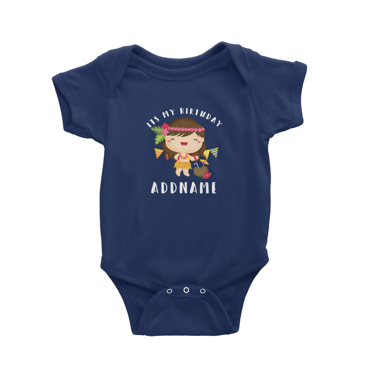 Birthday-Hawaii-Girl-Wearing-Hula-Grass-Dress-Its-My-Birthday-Addname Baby Romper