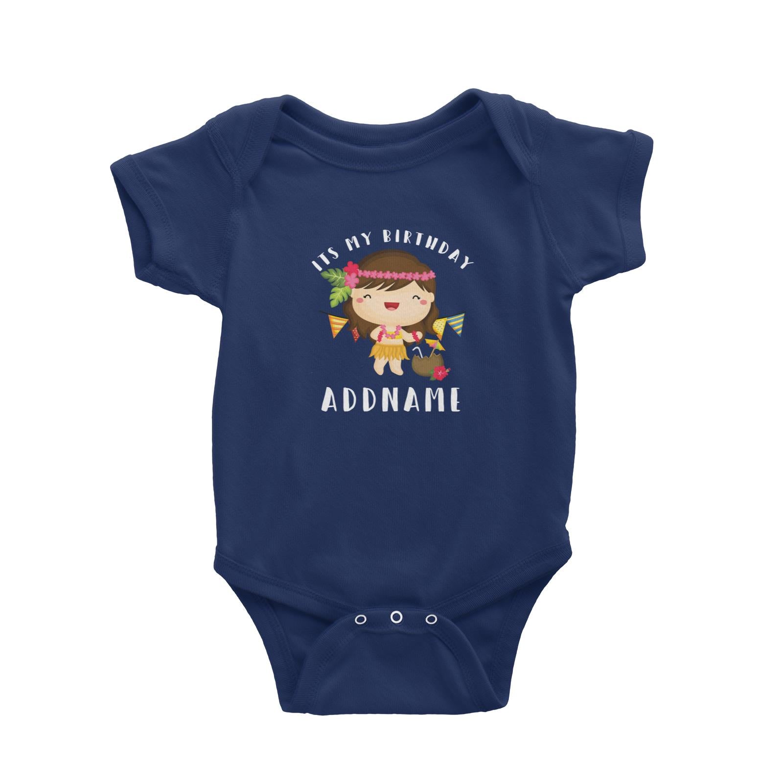 Birthday-Hawaii-Girl-Wearing-Hula-Grass-Dress-Its-My-Birthday-Addname Baby Romper
