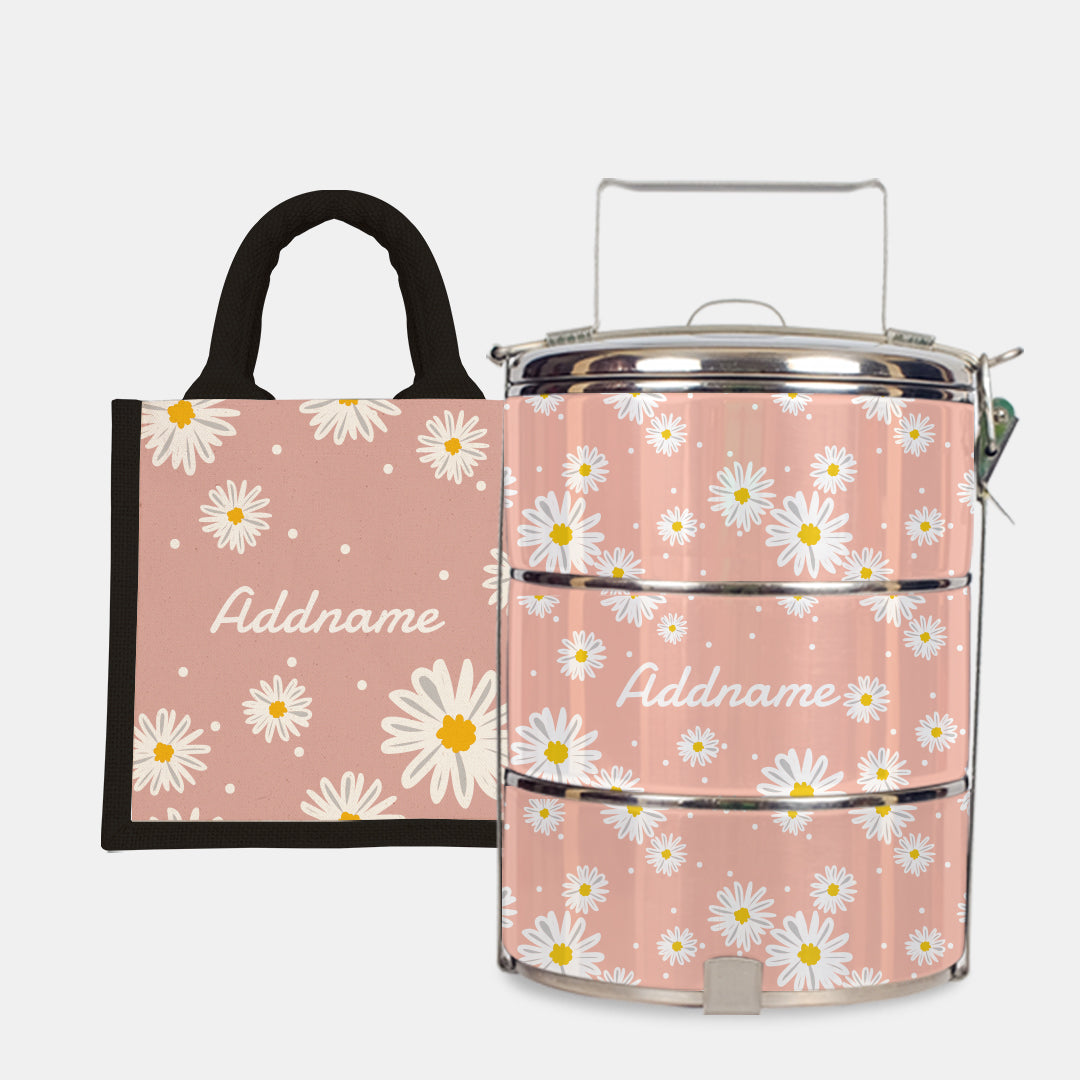 Daisy Series Half Lining Lunch Bag Wtih Standard Tiffin Carrier - Coral Black