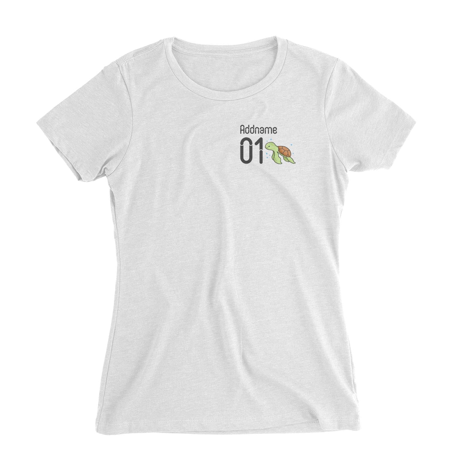 Pocket Name and Number Cute Hand Drawn Style Turtle Women's Slim Fit T-Shirt (FLASH DEAL)
