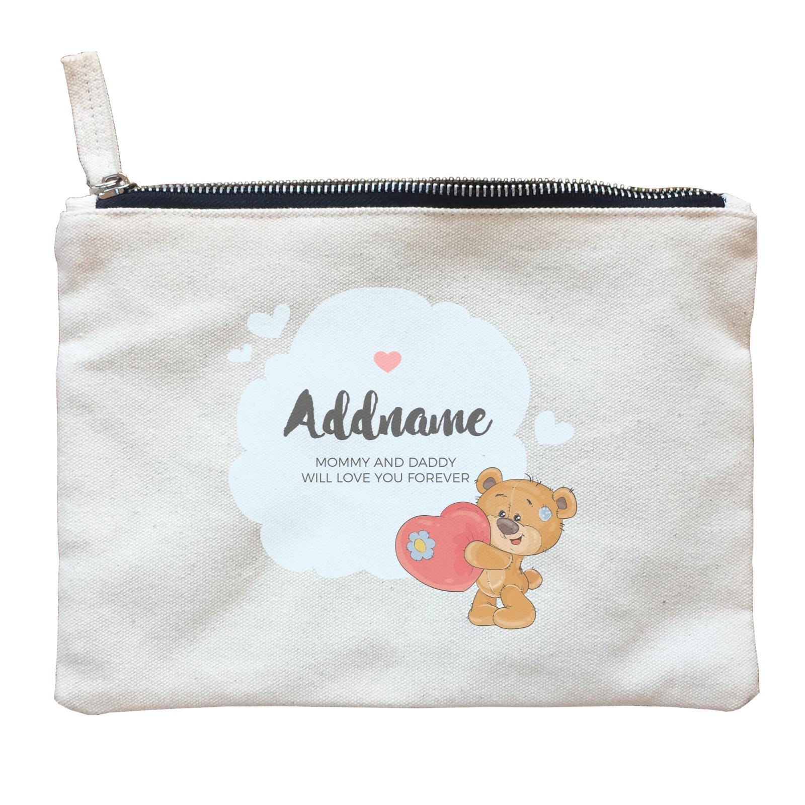 Cute Plush Bear with Big Heart and Blue Cloud Personalizable with Name and Text Zipper Pouch