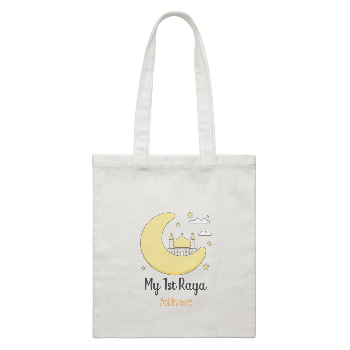 Raya Cute Mosque Cartoon Moon My 1st Raya Addname Accessories White Canvas Bag