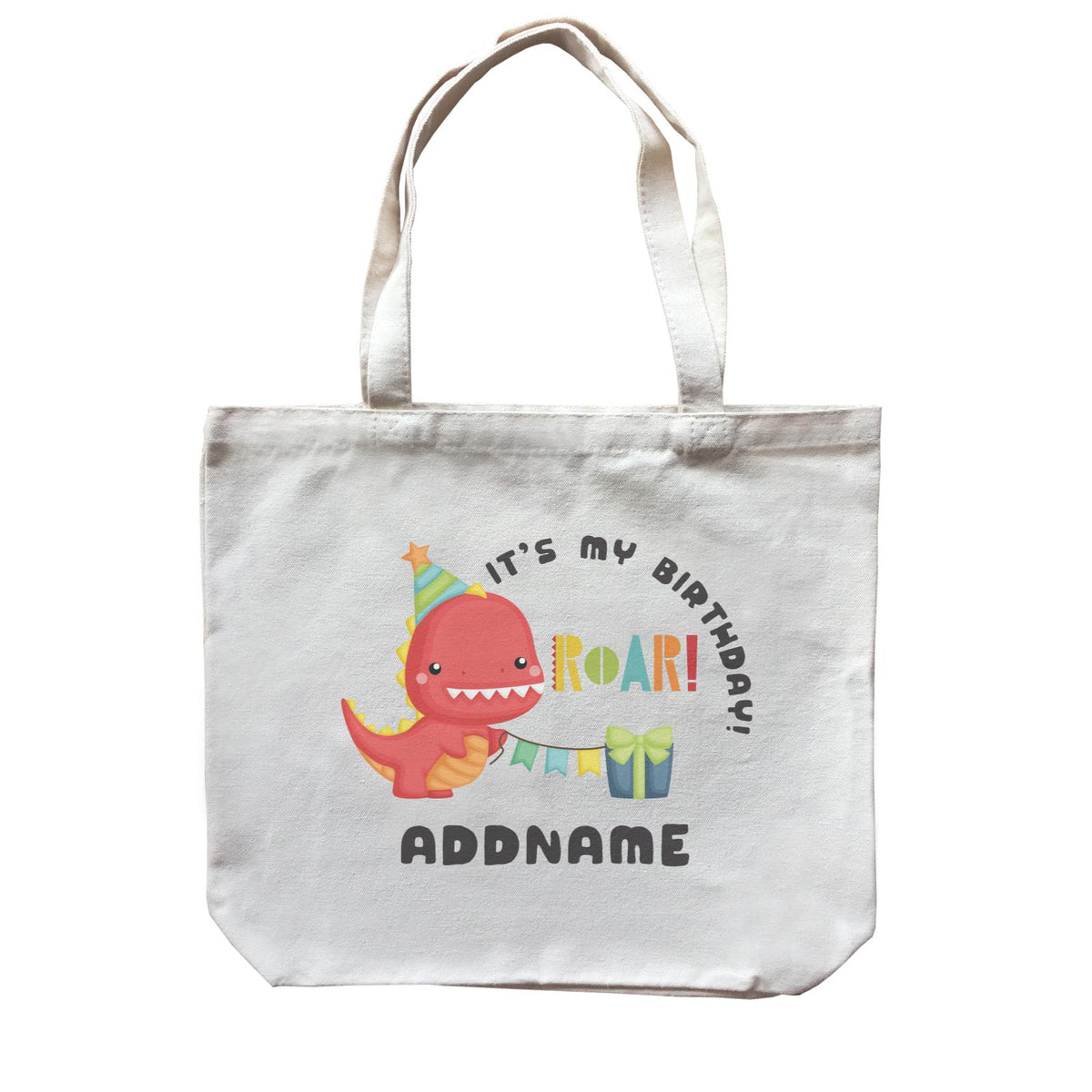Birthday Dinosaur Happy Red Rex Wearing Party Hat It's My Birthday Addname Canvas Bag