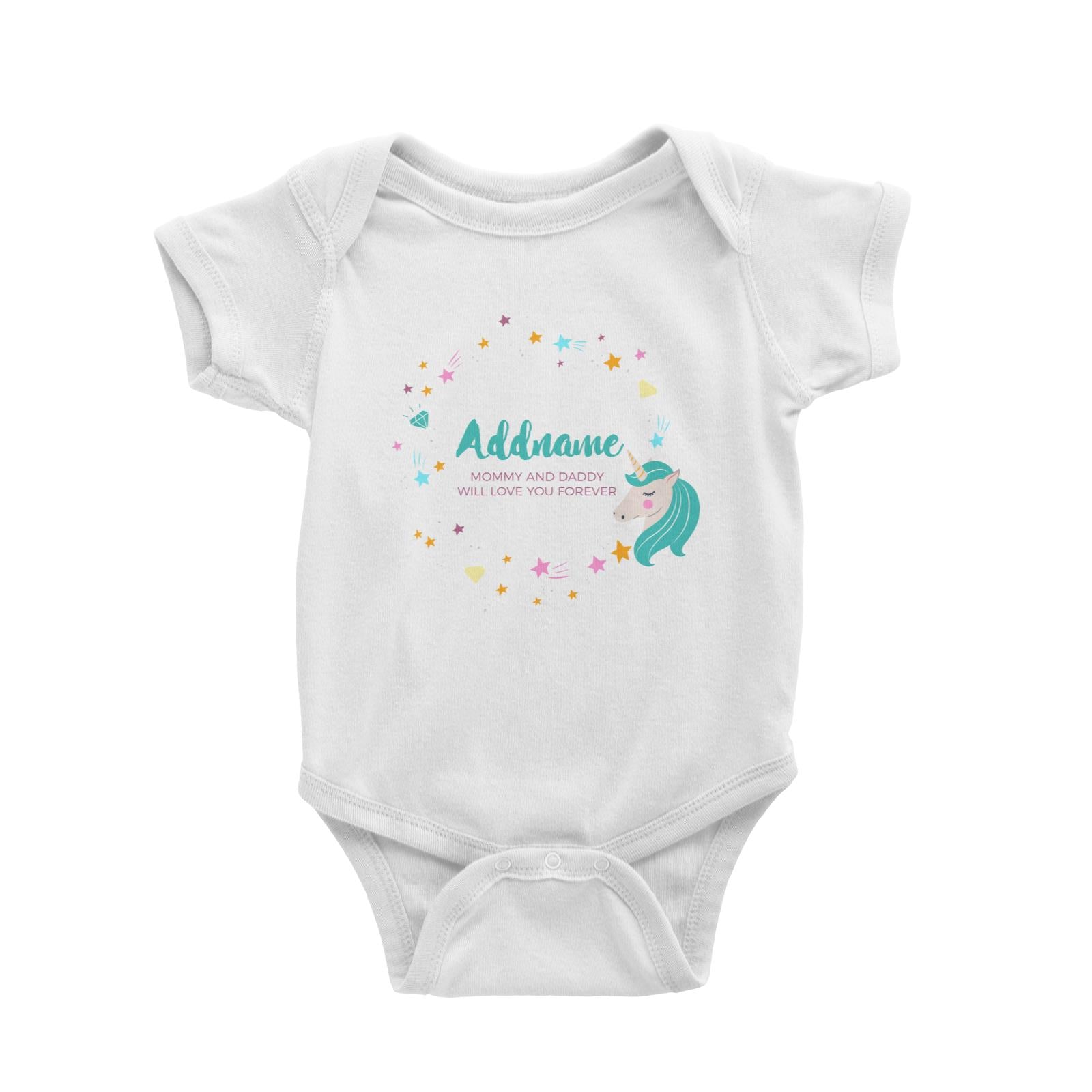 Cute Green Unicorn with Star and Diamond Elements Personalizable with Name and Date Baby Romper