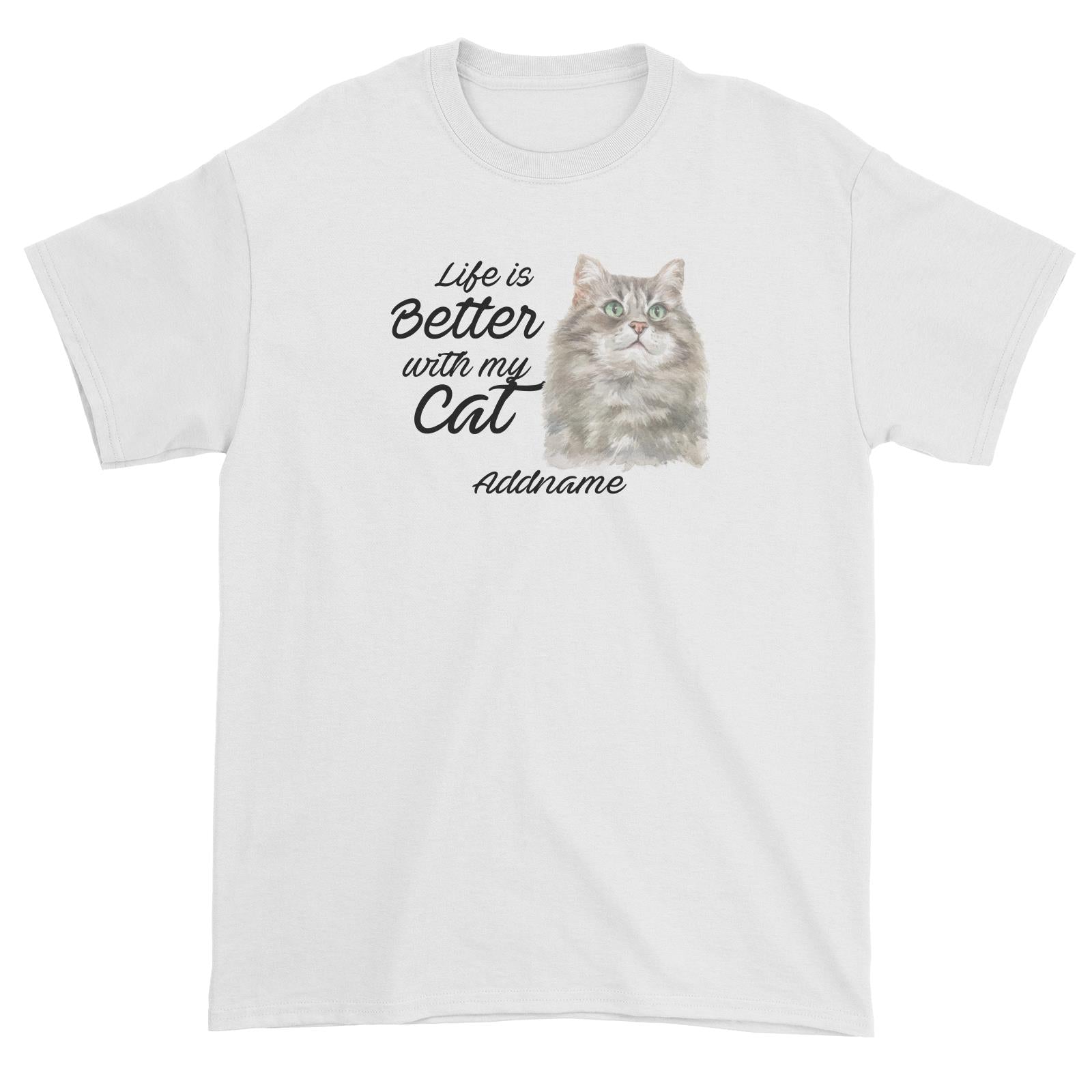 Watercolor Life is Better With My Cat Siberian Cat Grey Addname Unisex T-Shirt