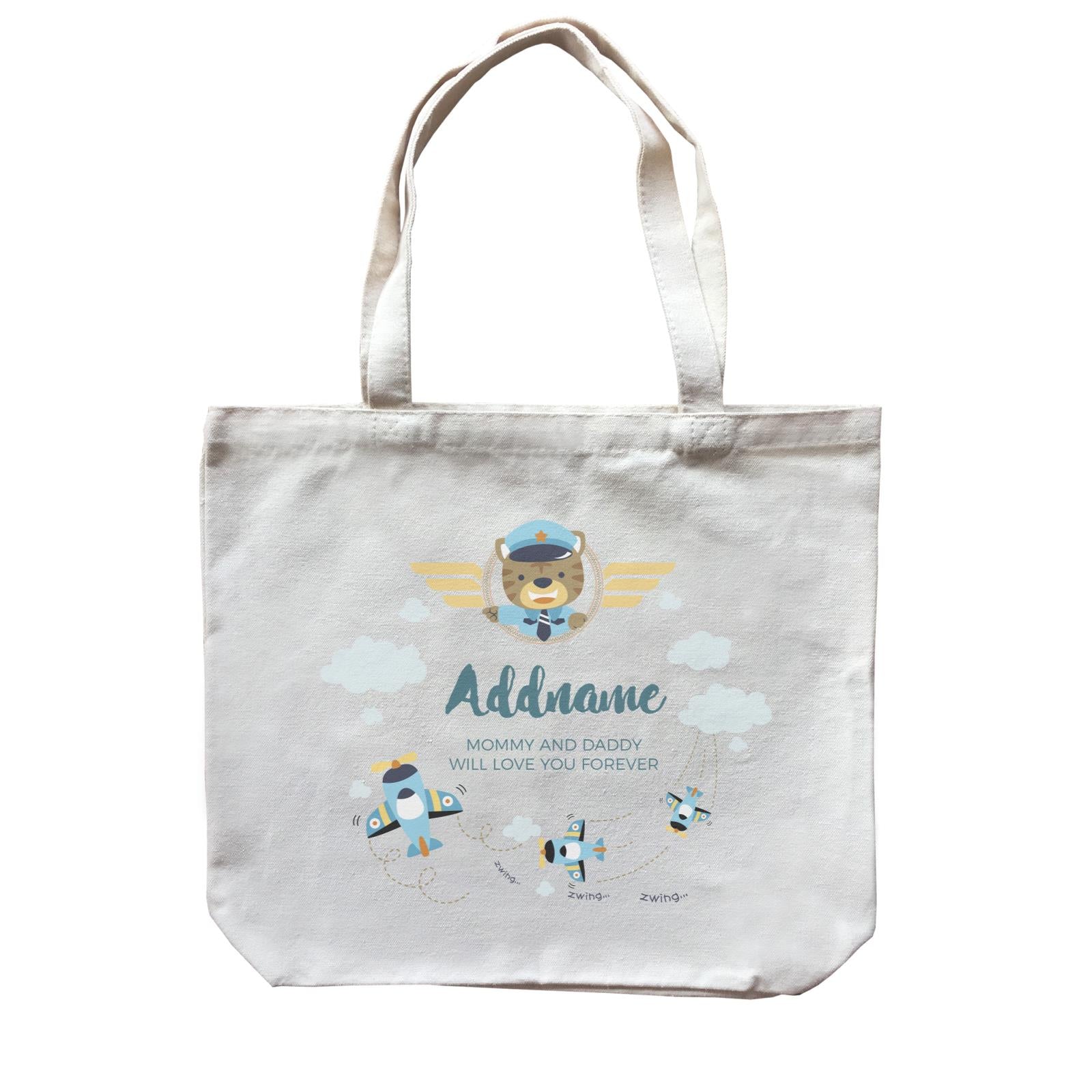 Cute Bear Pilot and Blue Planes Flying Personalizable with Name and Text Canvas Bag