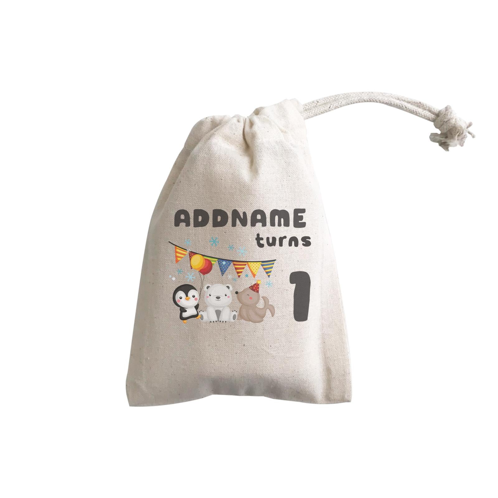 Birthday Winter Animals Penguin Polar Bear And Seal Party Addname Turns 1 GP Gift Pouch