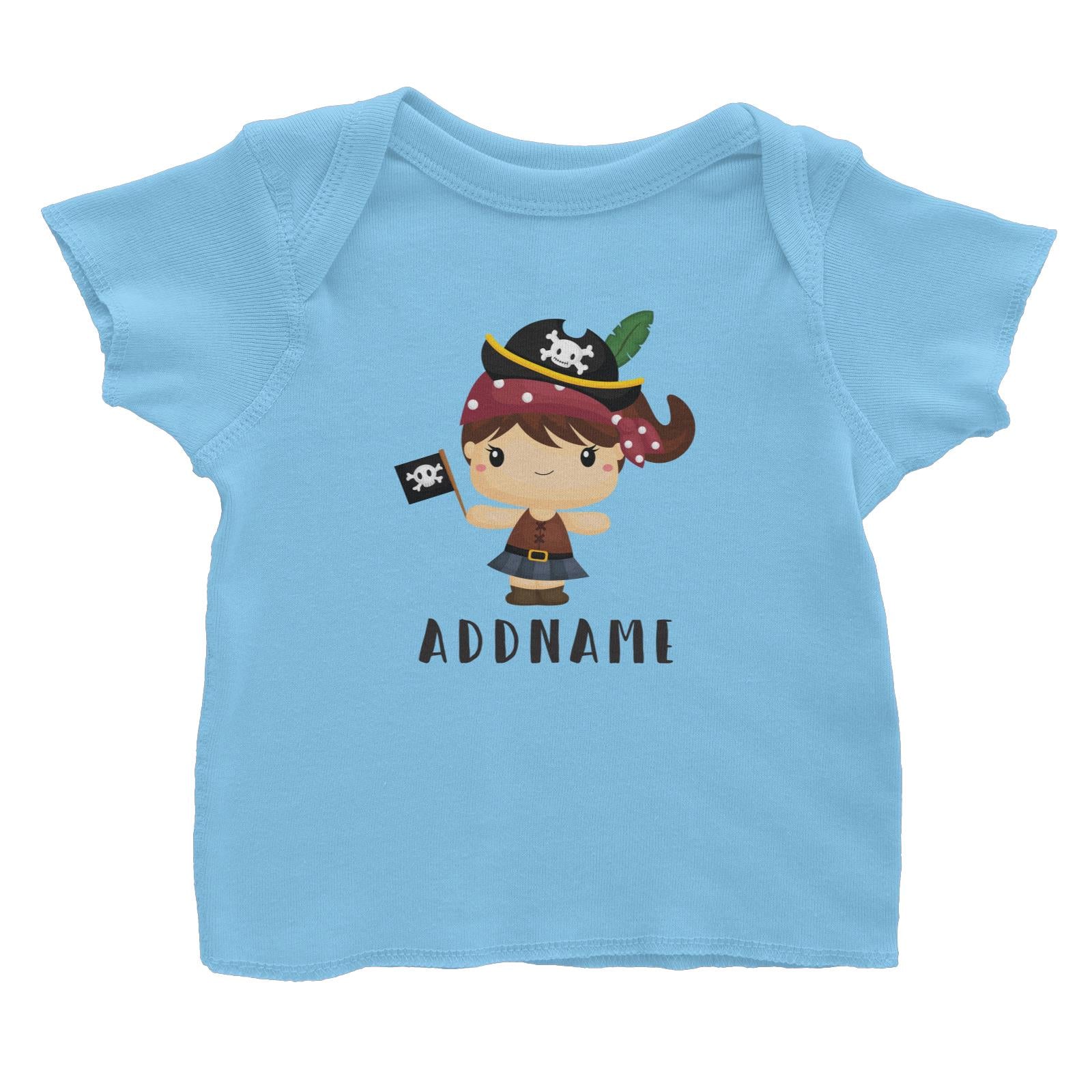 Birthday Pirate Happy Girl Captain Holding Pirate Flag Addname Baby T-Shirt