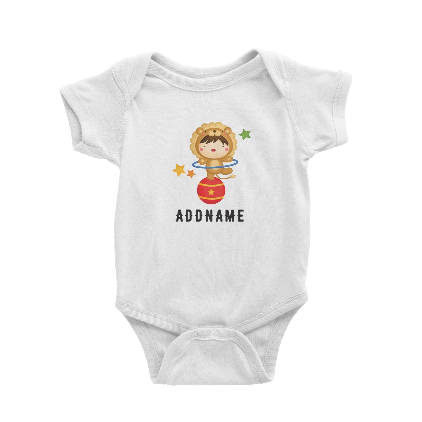 Birthday Circus Happy Boy Wearing Lion Suit Playing Hula Hoop Addname Baby Romper