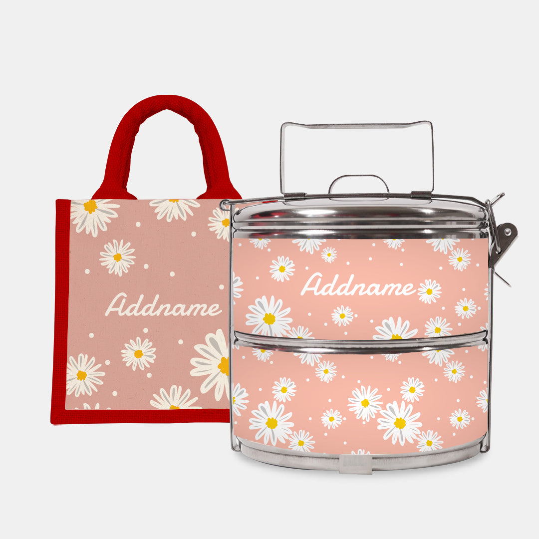 Daisy Series Half Lining Lunch Bag Wtih Standard Two Tier Tiffin Carrier - Coral Red