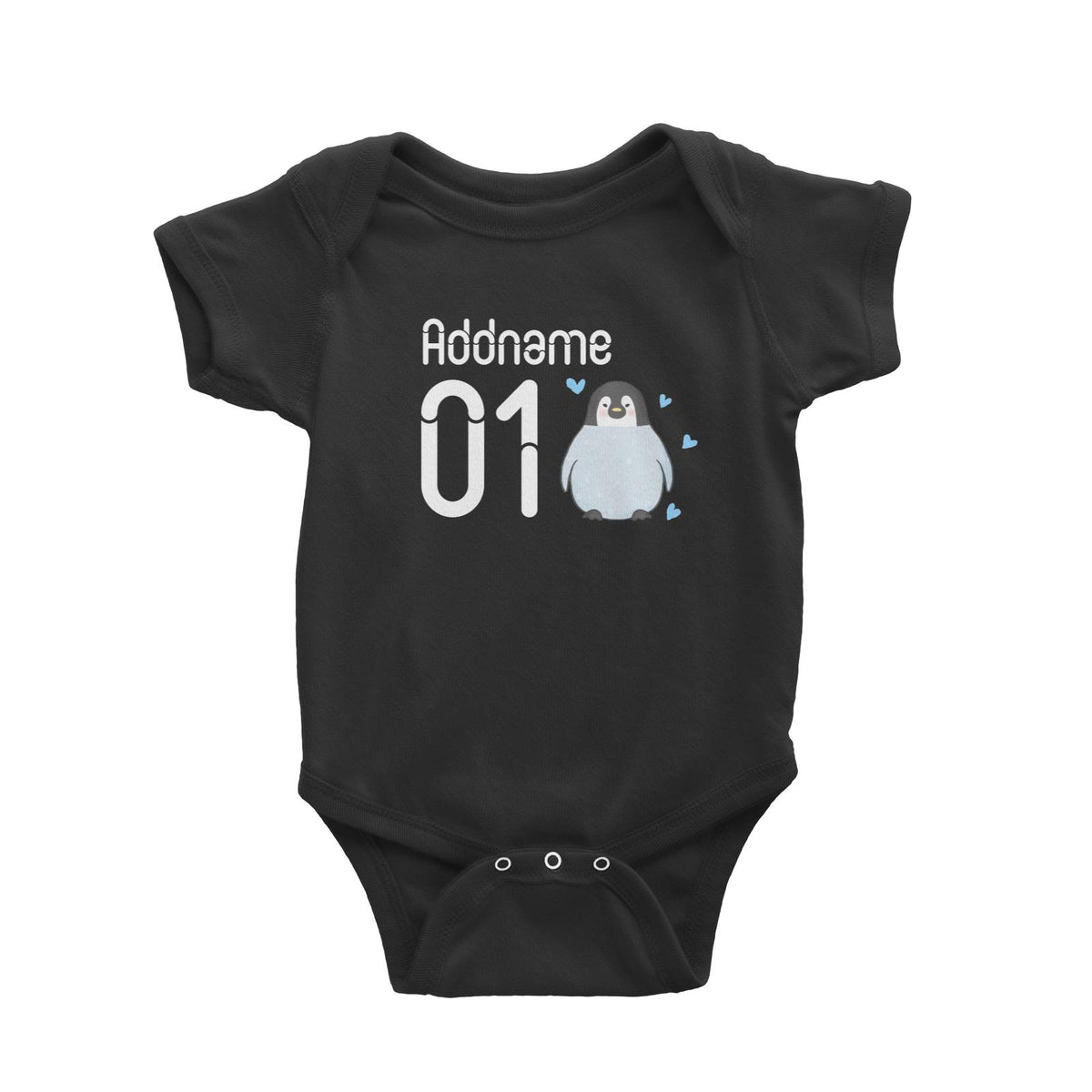 Name and Number Cute Hand Drawn Style Penguin Baby Romper