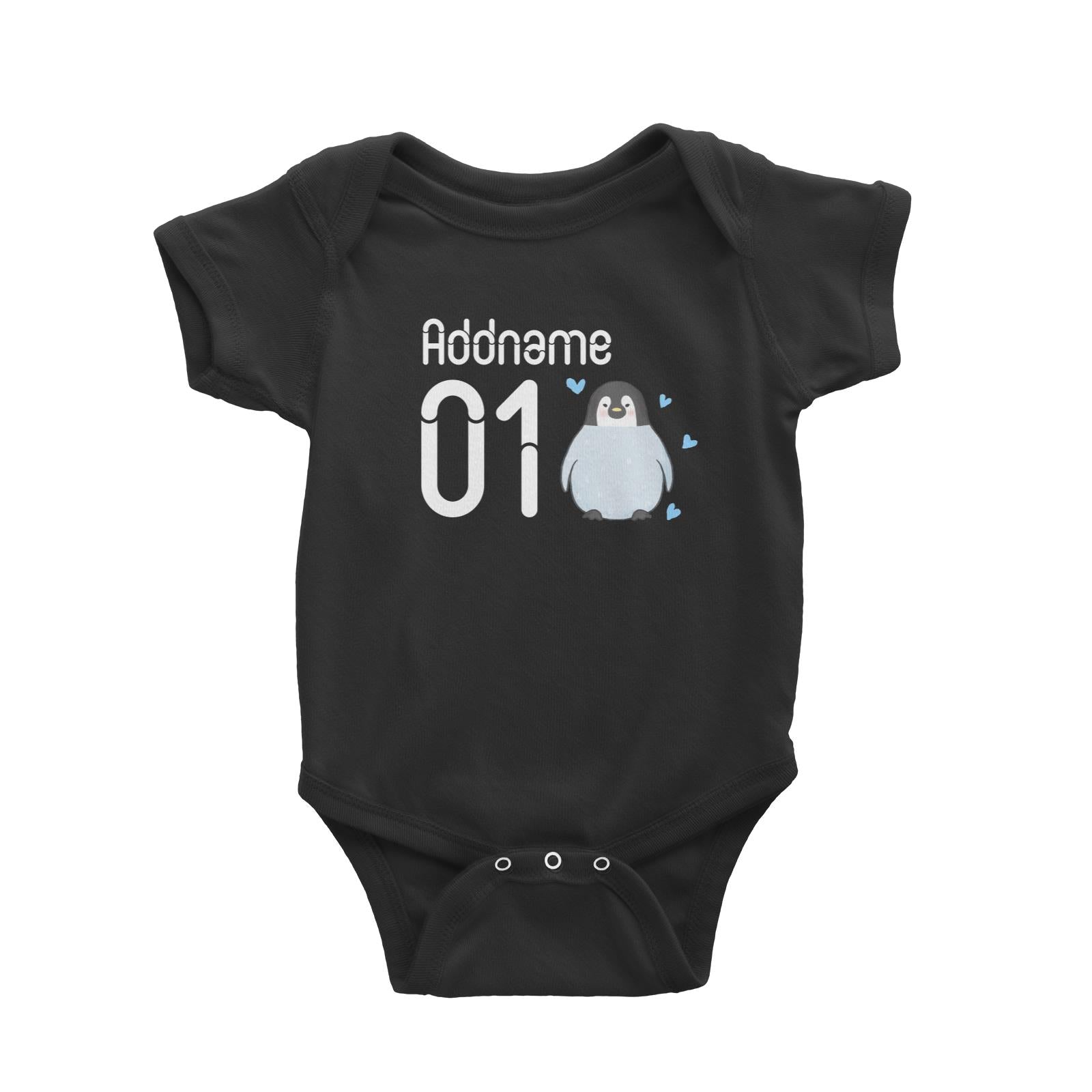 Name and Number Cute Hand Drawn Style Penguin Baby Romper