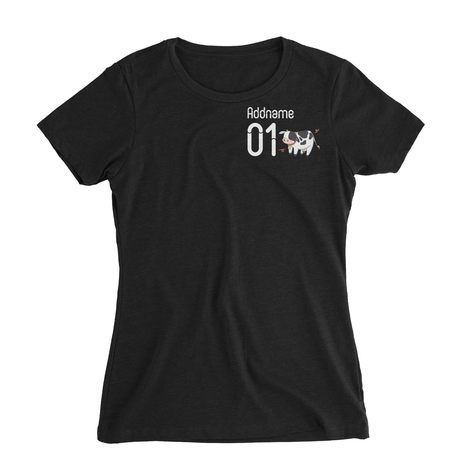 Pocket Name and Number Cute Hand Drawn Style Cow Women's Slim Fit T-Shirt