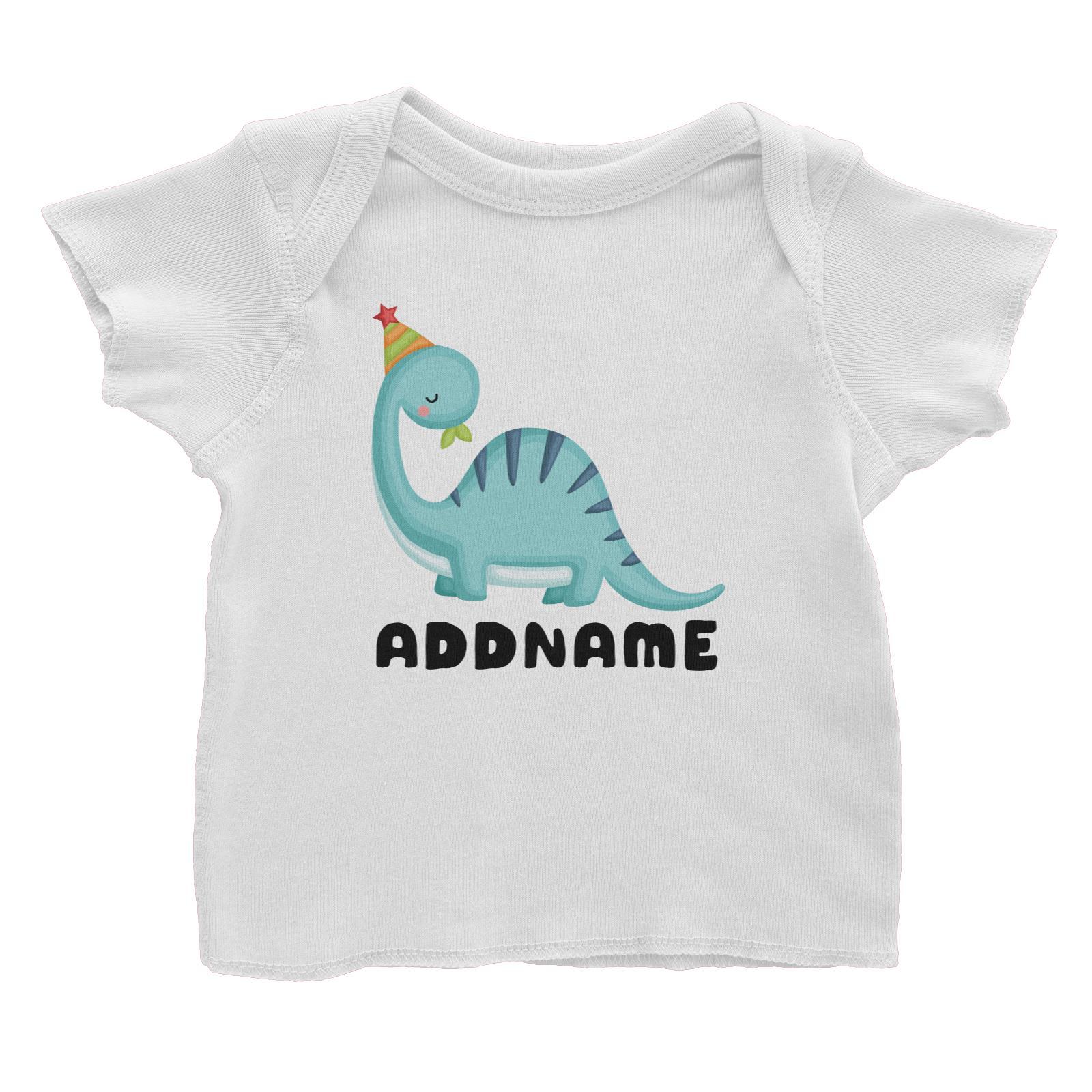 Birthday Dinosaur Happy Blue Long Neck With Party Hat Addname Baby T-Shirt