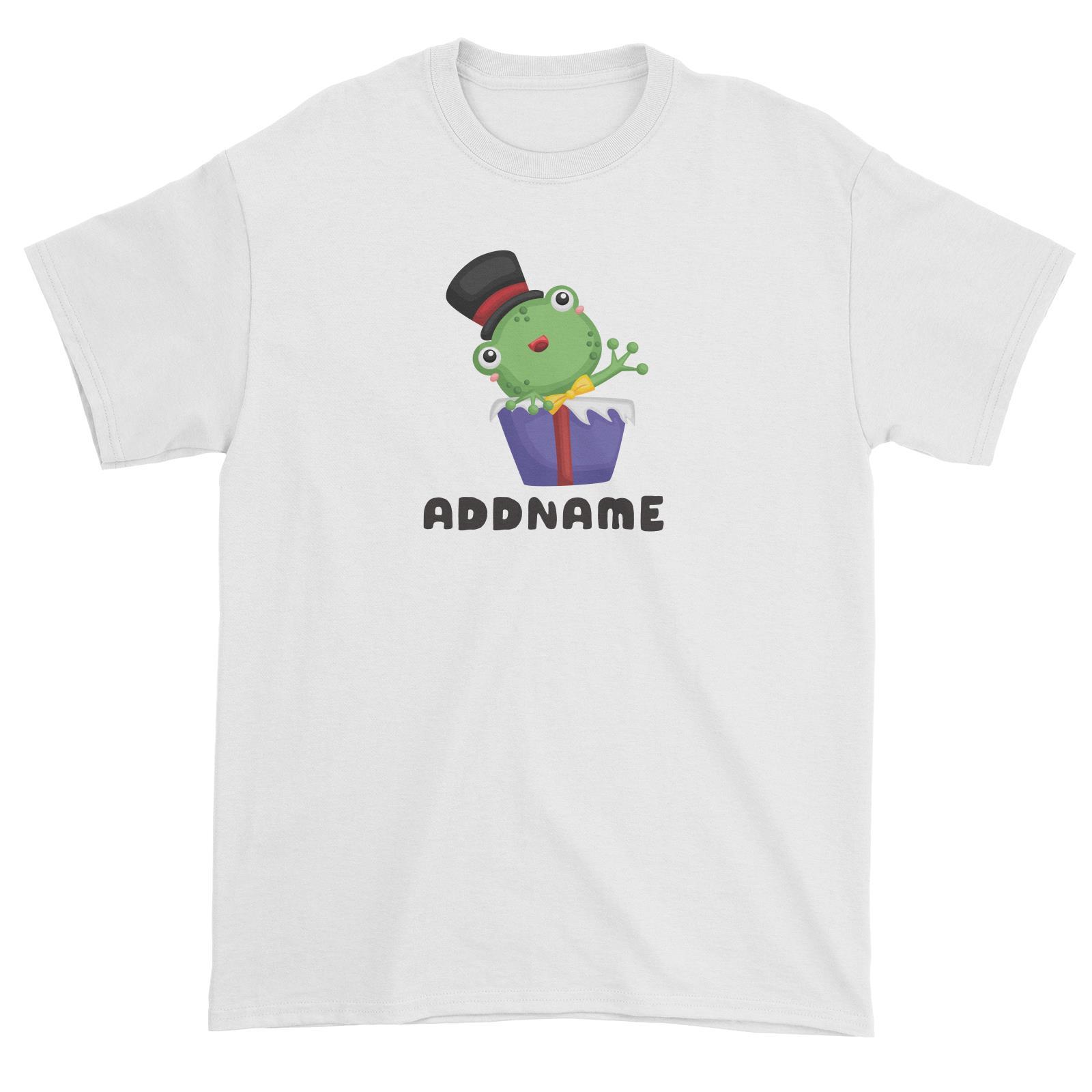 Birthday Frog Frog Wearing Hat Inside Present Box Addname Unisex T-Shirt