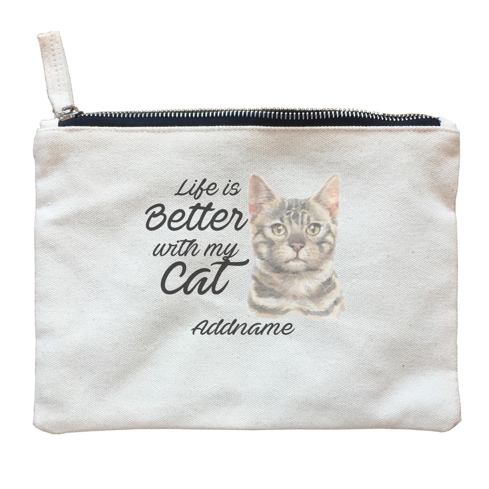 Watercolor Life is Better With My Cat Bengal Grey Addname Zipper Pouch