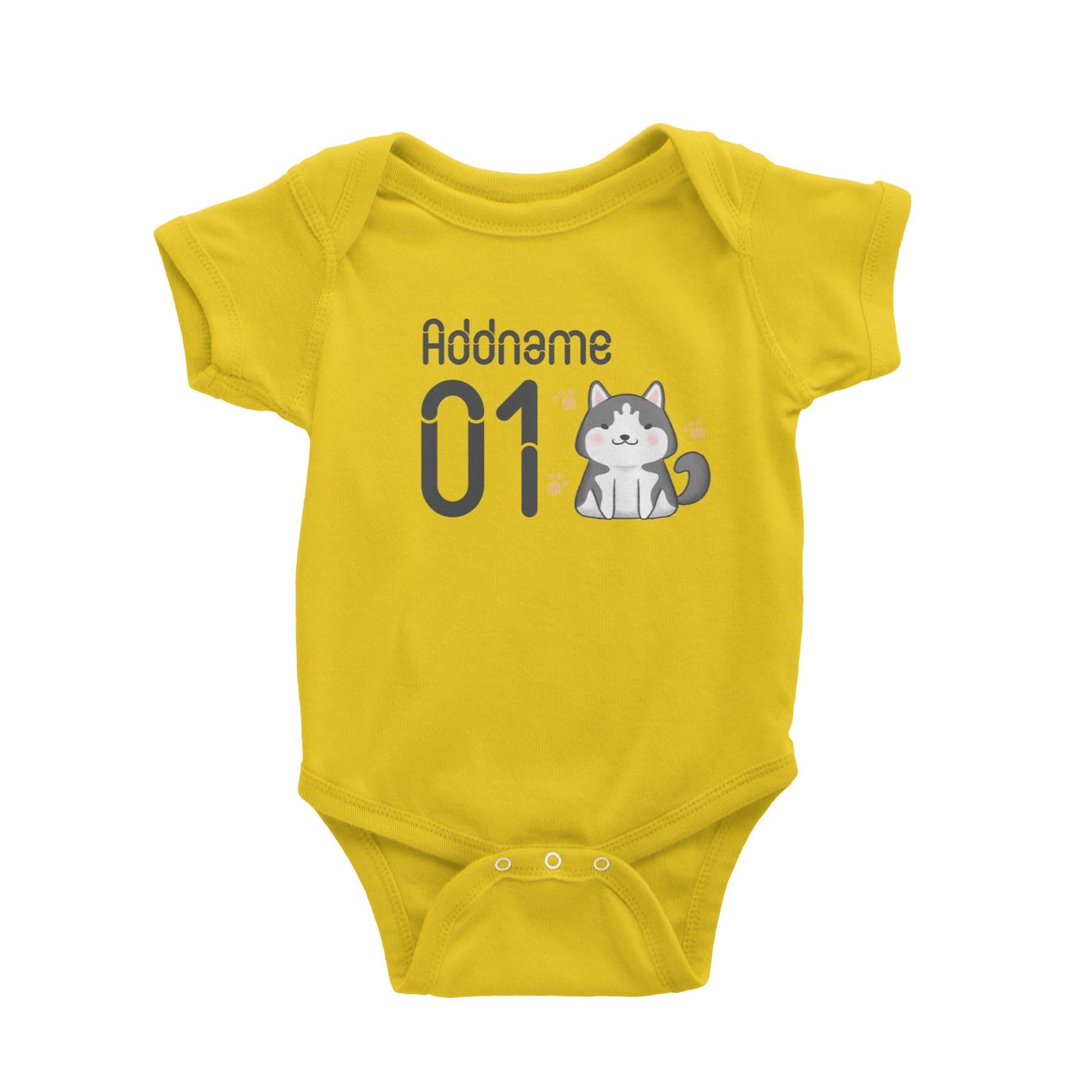Name and Number Cute Hand Drawn Style Husky Baby Romper