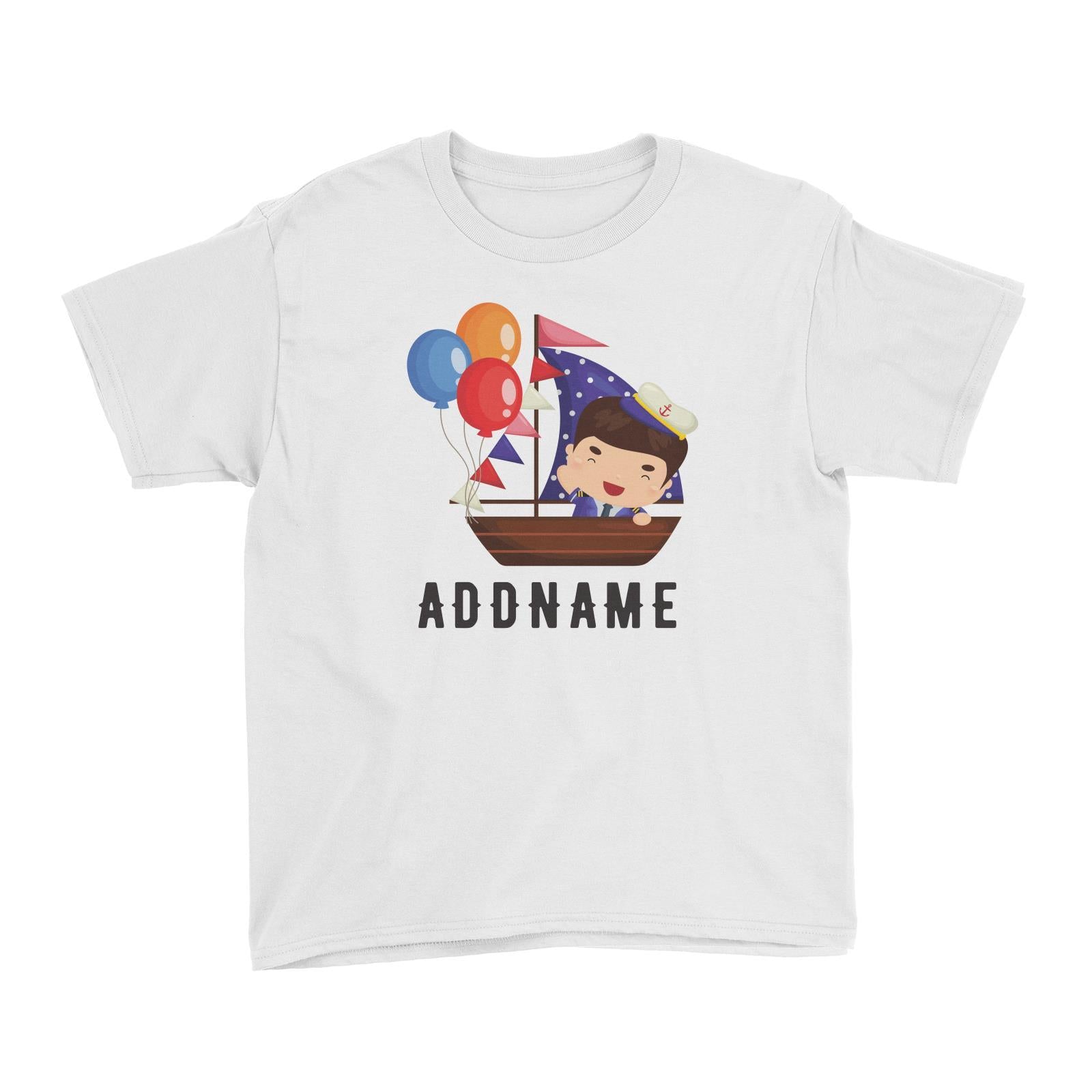 Birthday Sailor Boy In Ship With Balloon Addname Kid's T-Shirt